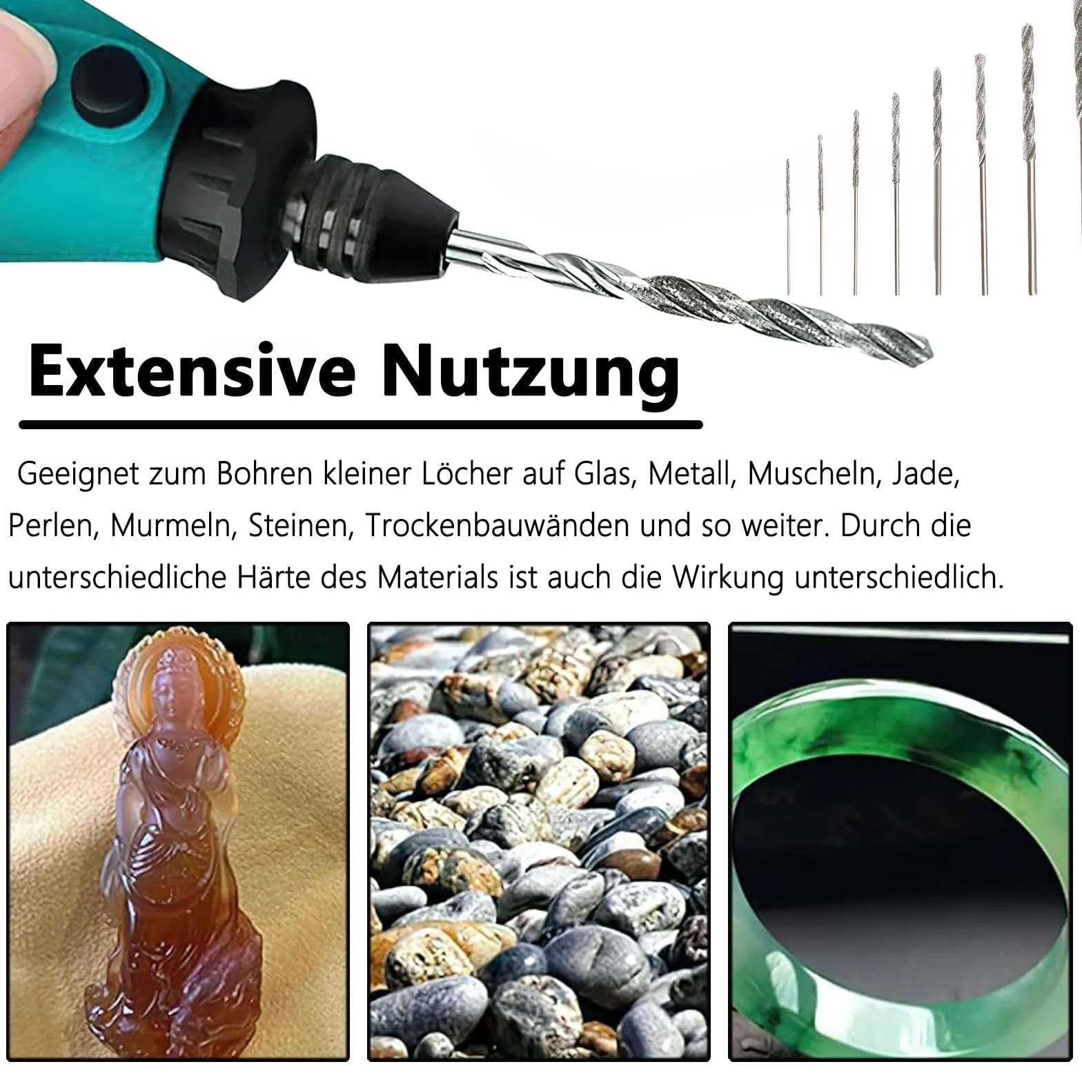 8 pezzi di punte diamantate, set di punte diamantate da 0,8 mm a 3,0 mm per vetro, metallo, conchiglie, giada, perle ecc