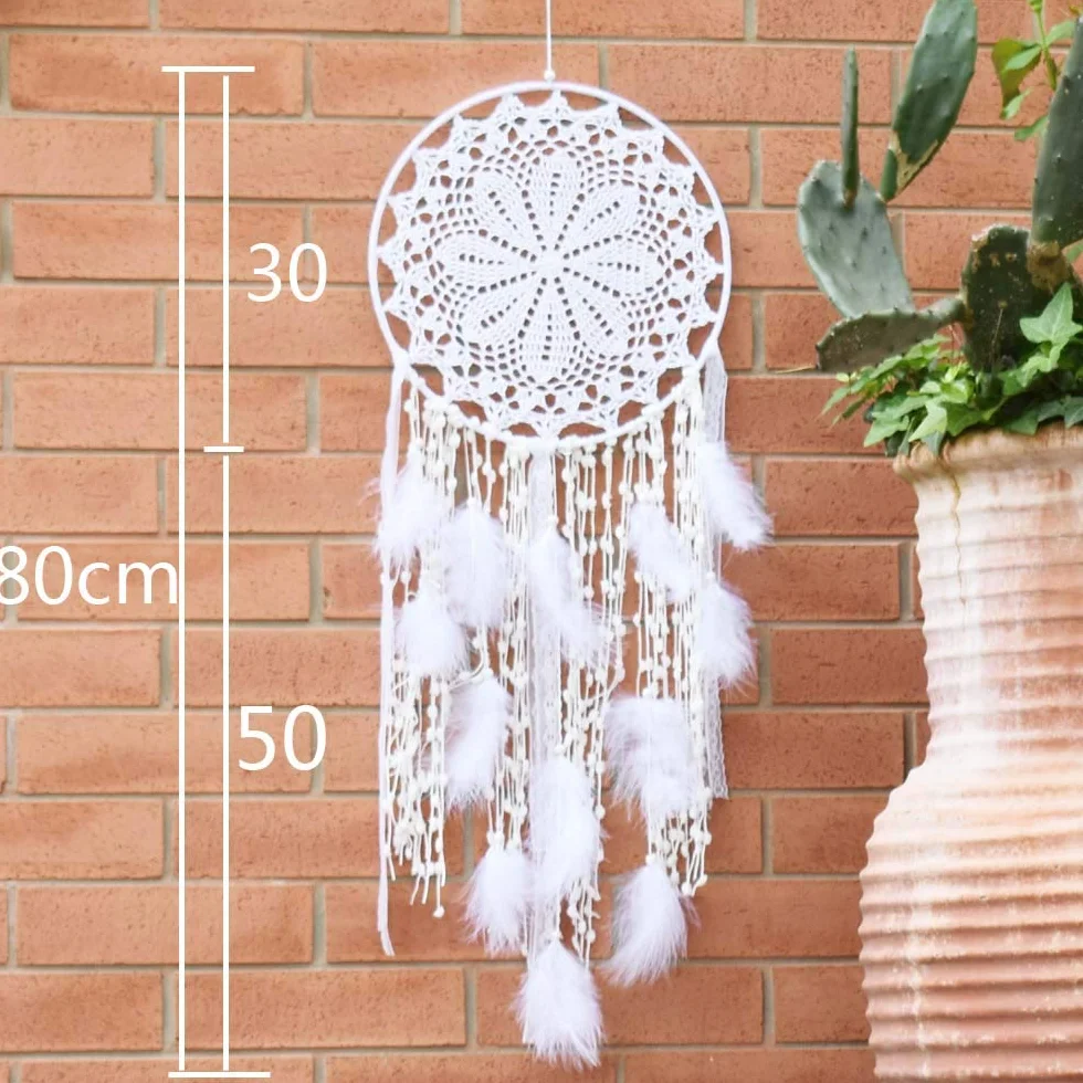 Acchiappasogni grande in macramè con piume bianche, cerchio 30 cm, lunghezza 80 cm, bianco