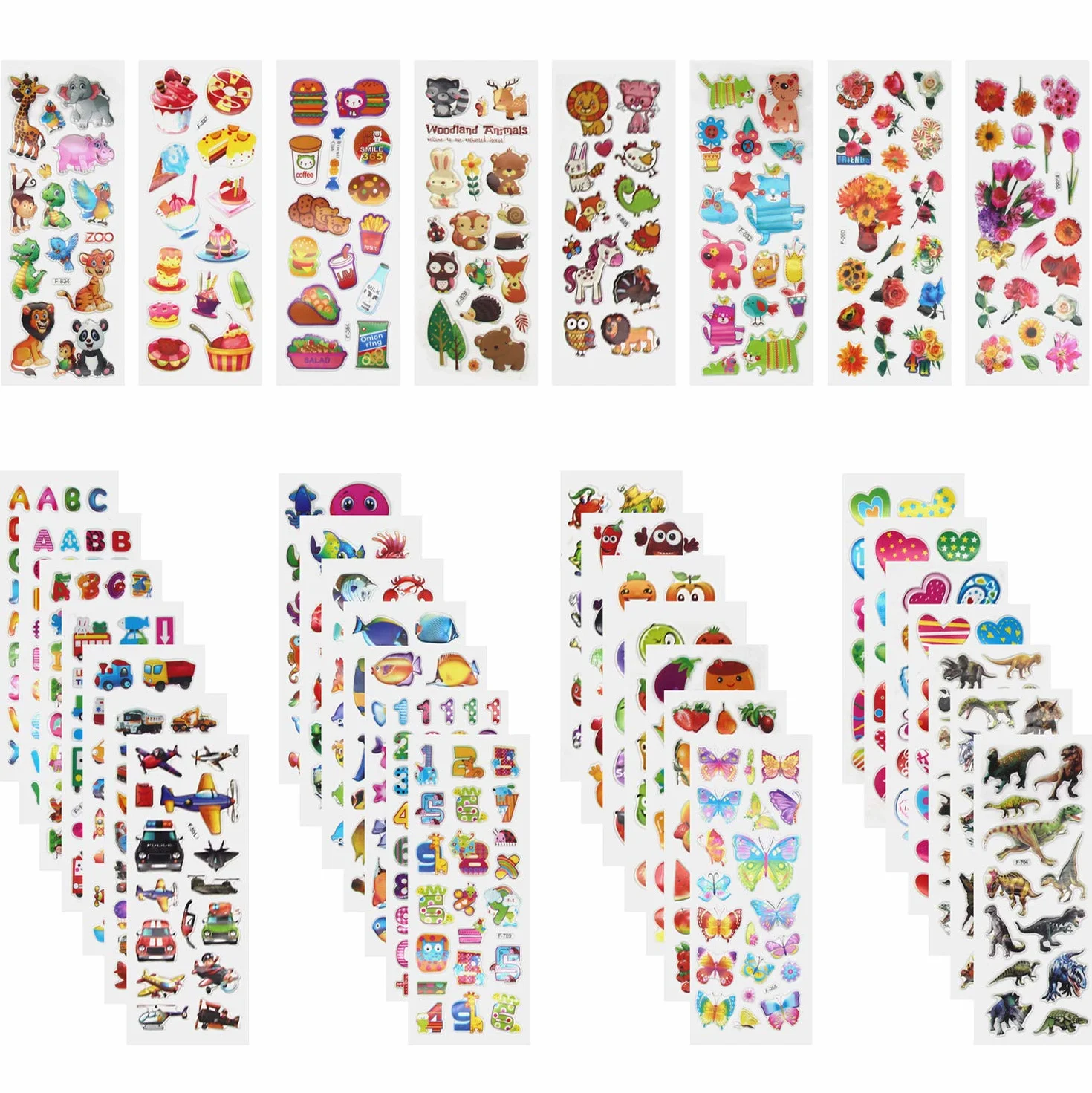 Annhao 1000+ Adesivi 3D per Bambini - Stickers Puffy per Regali Gratificanti, Scrapbooking - Camion, Aeroplani, Animali, Pesci, Dinosauri, Numeri, Frutta, Lettere (40 Fogli)