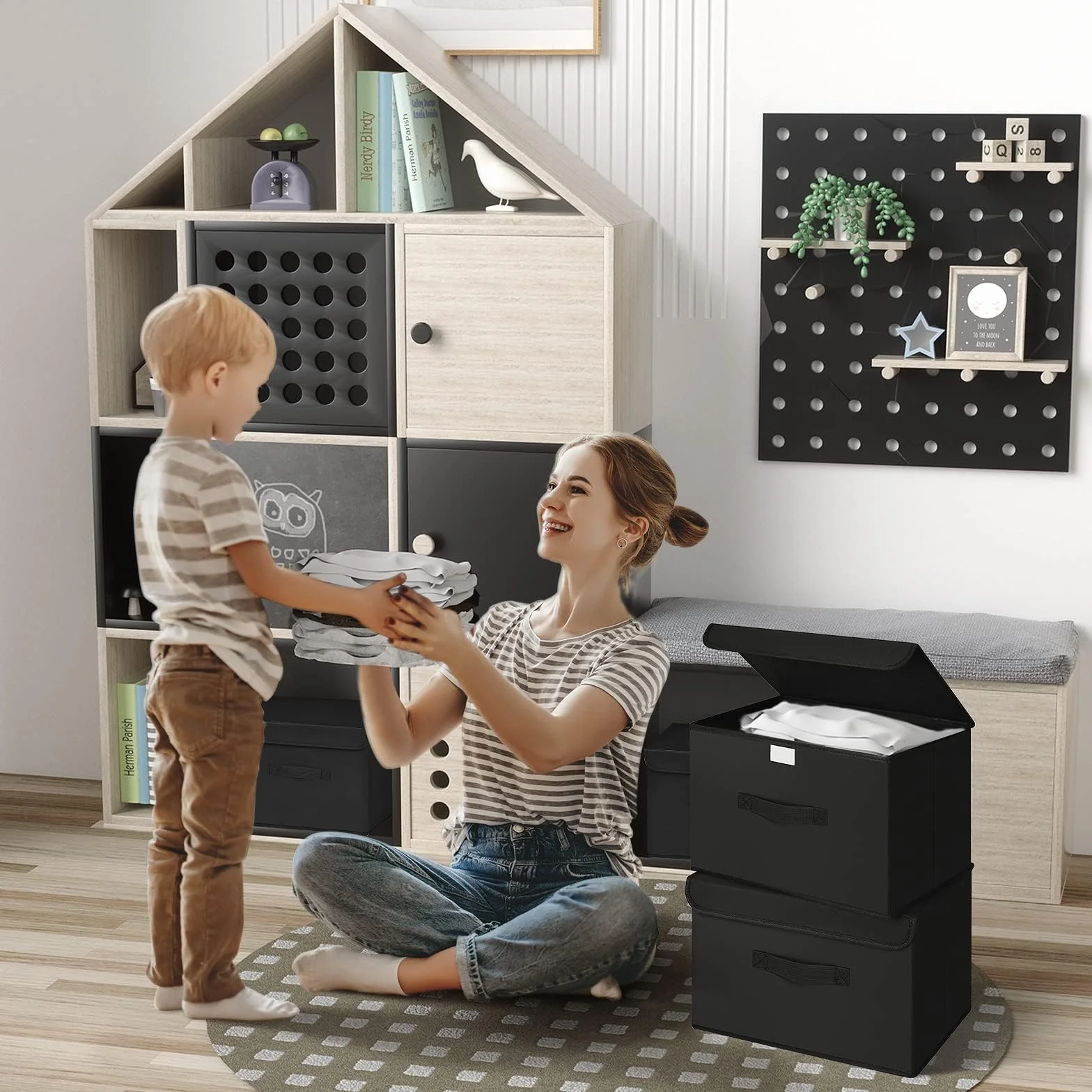 DIMJ Scatole per Armadio - Scatole Portaoggetti Contenitori con Coperchio Pieghevole, Scatola Porta Oggetti con Manici, Non Tessuto, per Armadio, Scaffali, 2 Pezzi, Nero, 38 x 25 x 25 cm