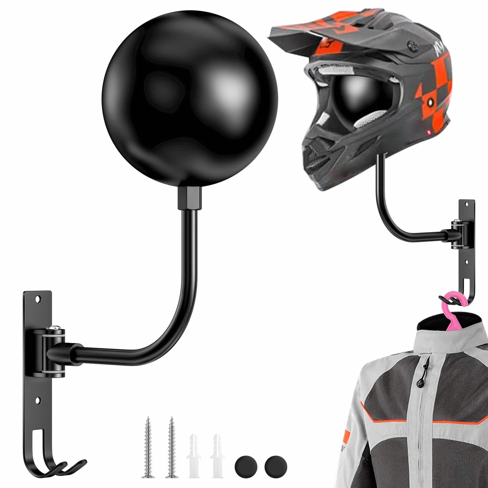 Porta Casco Moto da Parete, Appendi Casco Multifunzione, Portacasco da Parete, Supporto Caschi Moto Spherical 180°, con Ganci per Appendere Guanti per Abbigliamento Moto, Cappelli