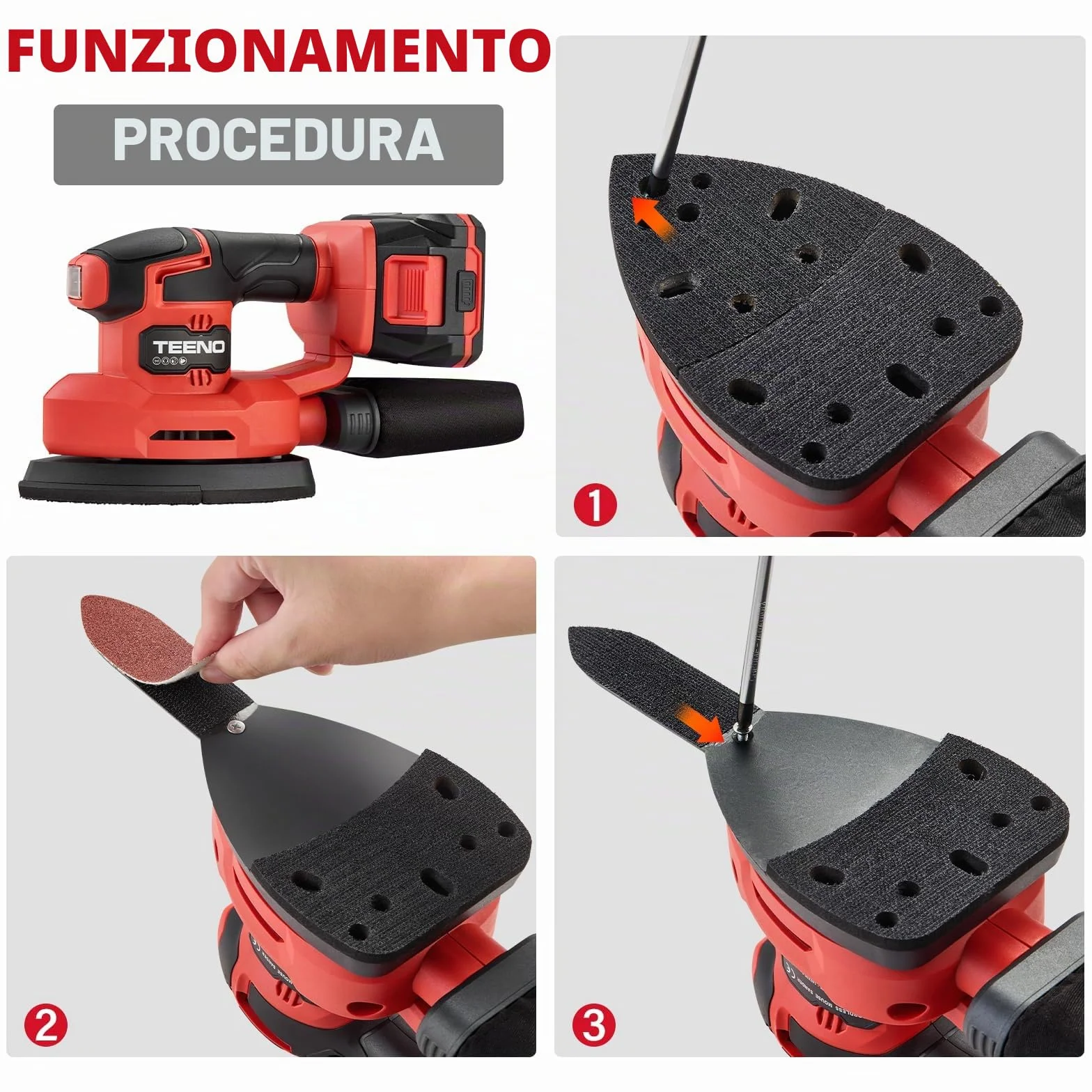 TEENO Levigatrice Senza Fili 3 in 1 20V 2Ah 13000 giri/min con Batteria e Sacchetto Polvere