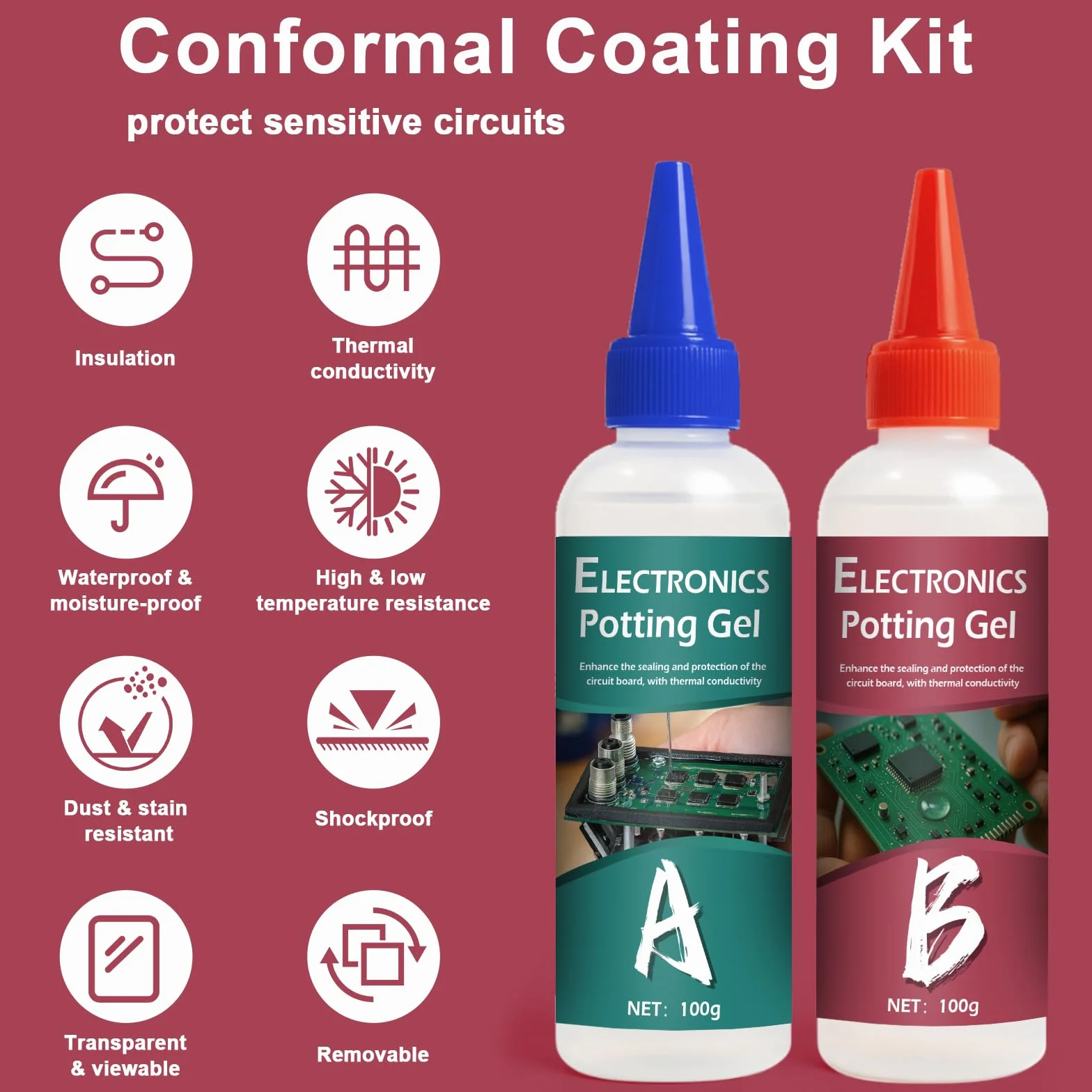 1DFAUL Set di resina per colata elettrica, 2 x 100 ml di pasta elettrocolata conduttiva termica, isolante per elettronica, protegge trasformatori e circuiti stampati da umidità, polvere e vibrazioni