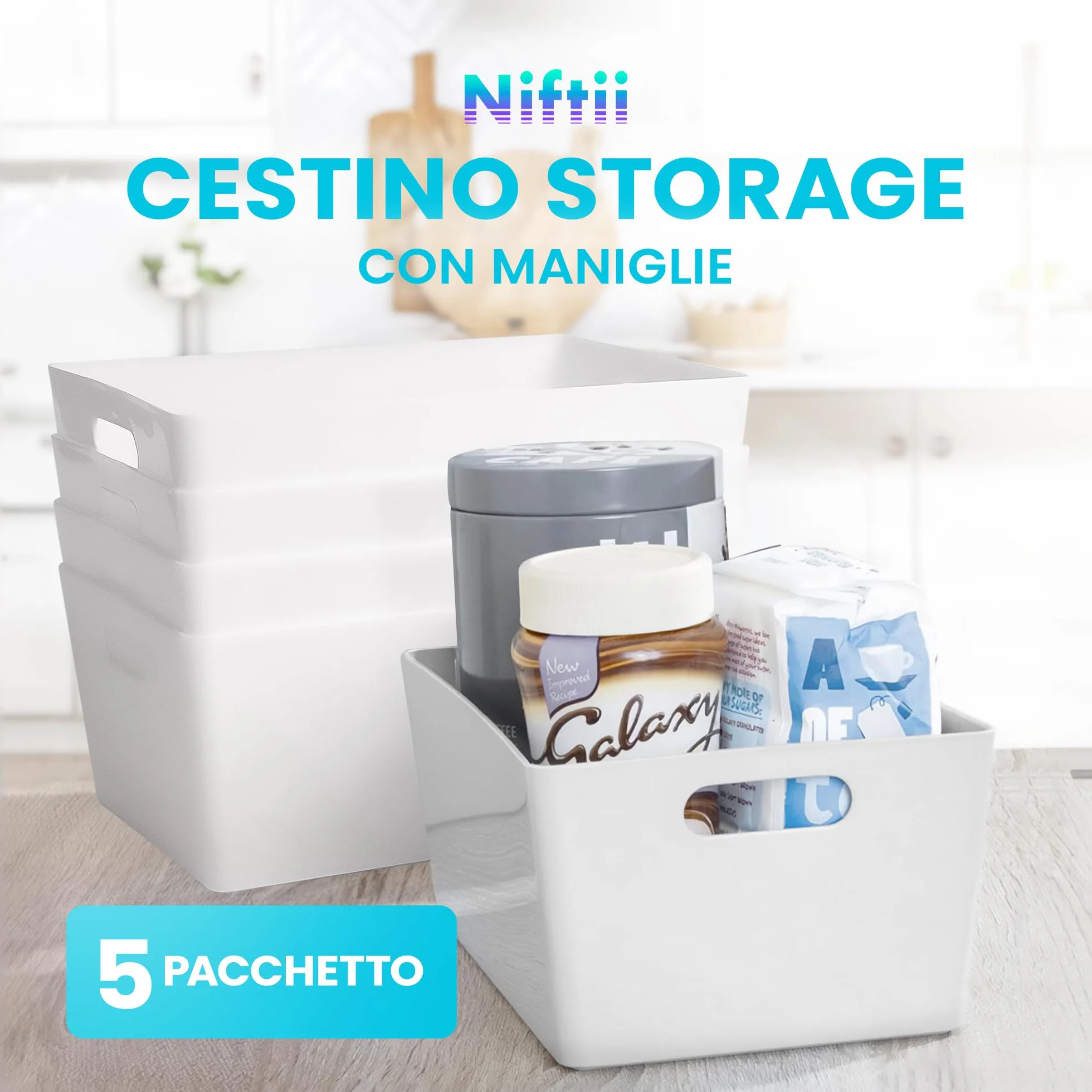 Set 5 Cestini Portaoggetti in Plastica Bianco con Manici per Cucina