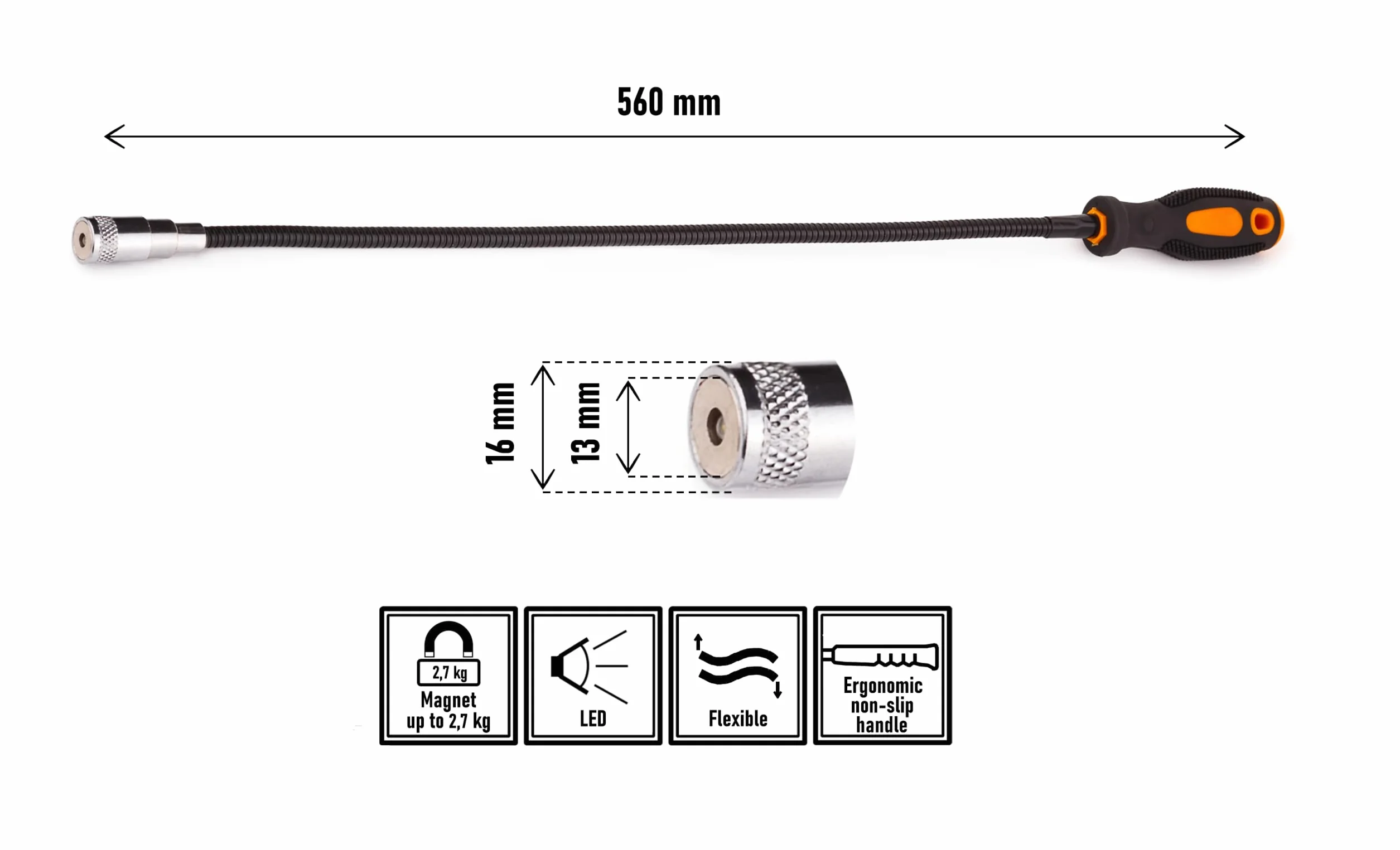 Mivos Sollevatore Magnetico Flessibile con LED - Asta Magnetica Flessibile 560 mm - Pinza Magnetica - 2,7 kg Forza di Trazione - Utensile Magnetico