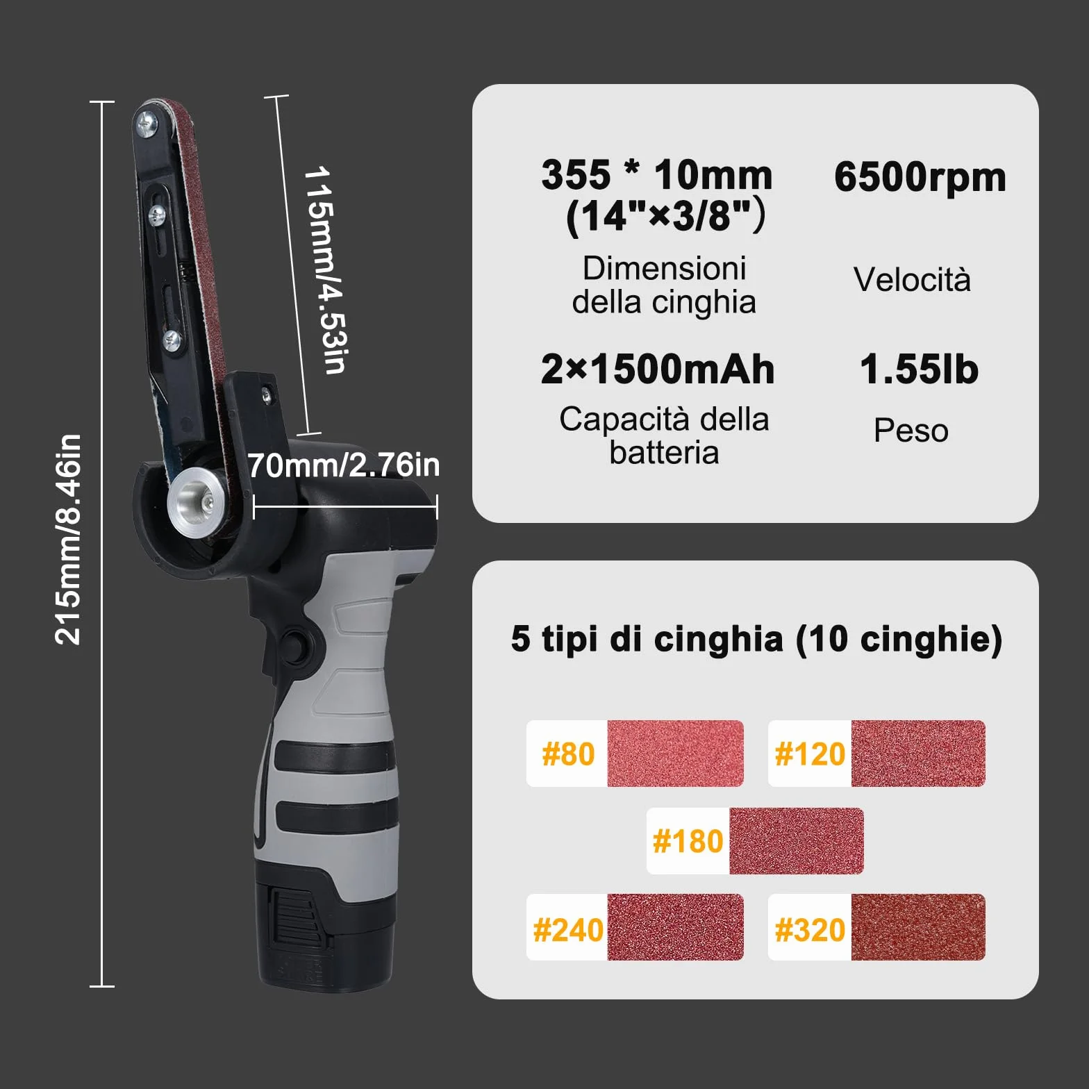 Smerigliatrice a nastro a batteria da 16,8 V, con 10 nastri, con 2 batterie da 1500 mAh,Adatto per metallo e legno