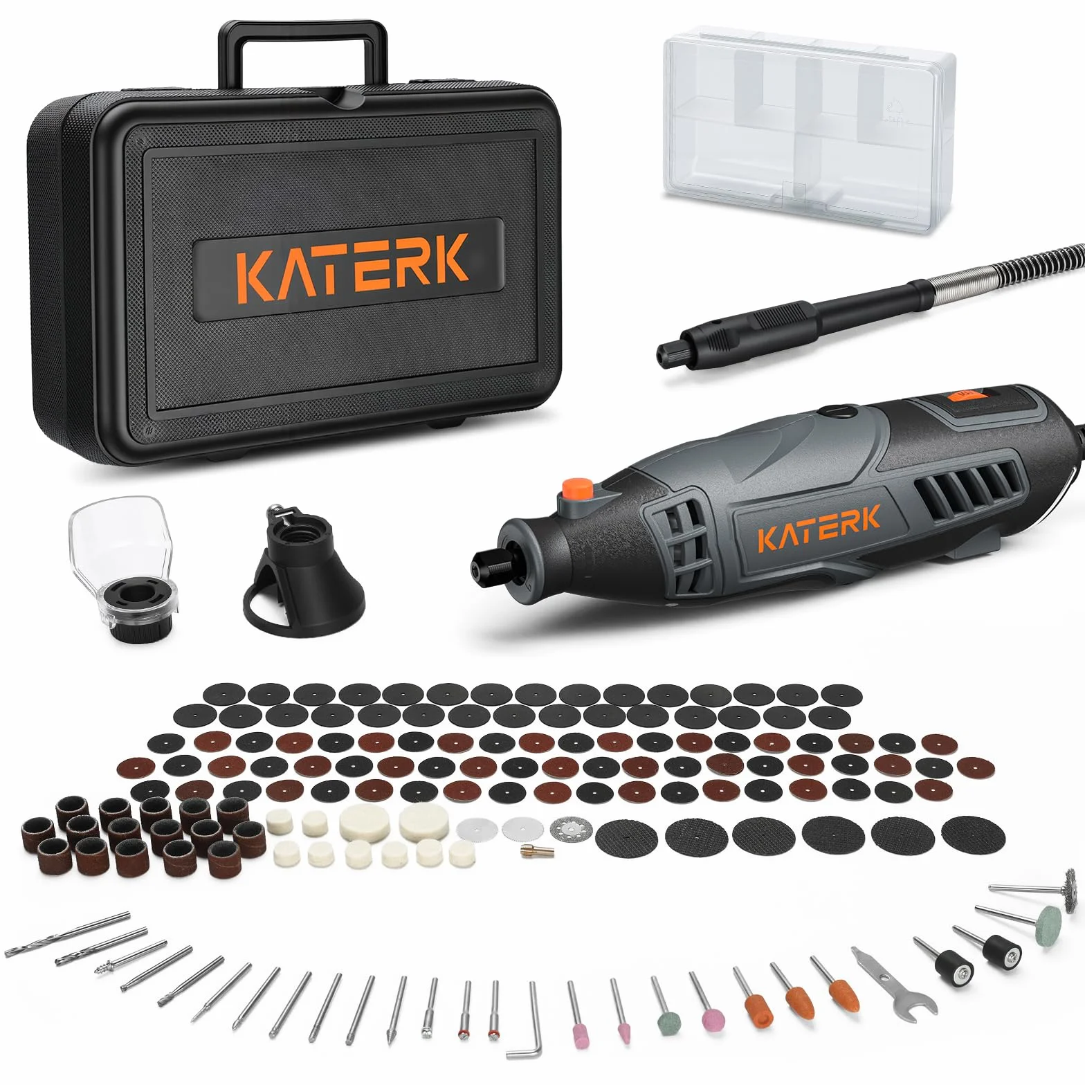 Katerk Utensile Multifunzione Rotativo 160W, Kit 155 Pezzi con Albero Flessibile, Velocità Variabile 35000 PRM