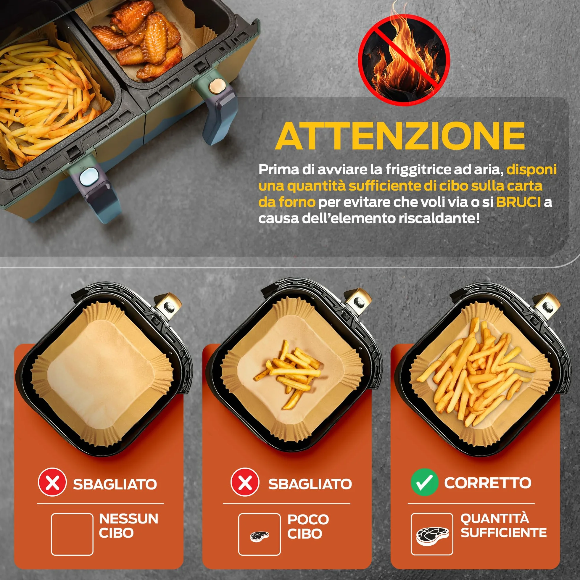 PORTENTUM Carta forno per friggitrice ad aria 100 unità quadrate 20–24 cm 5–8 L BPA Free