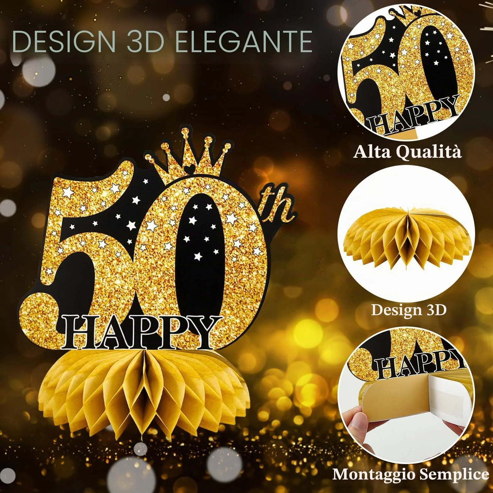 9 Pezzi Centrotavola Compleanno,Centrotavola a Nido d'Ape Oro Nero Decorazioni,Toppers da Tavolo,Compleanno Centrotavolo per Uomini e Donne,Feste di Compleanni (HB-2026-50)