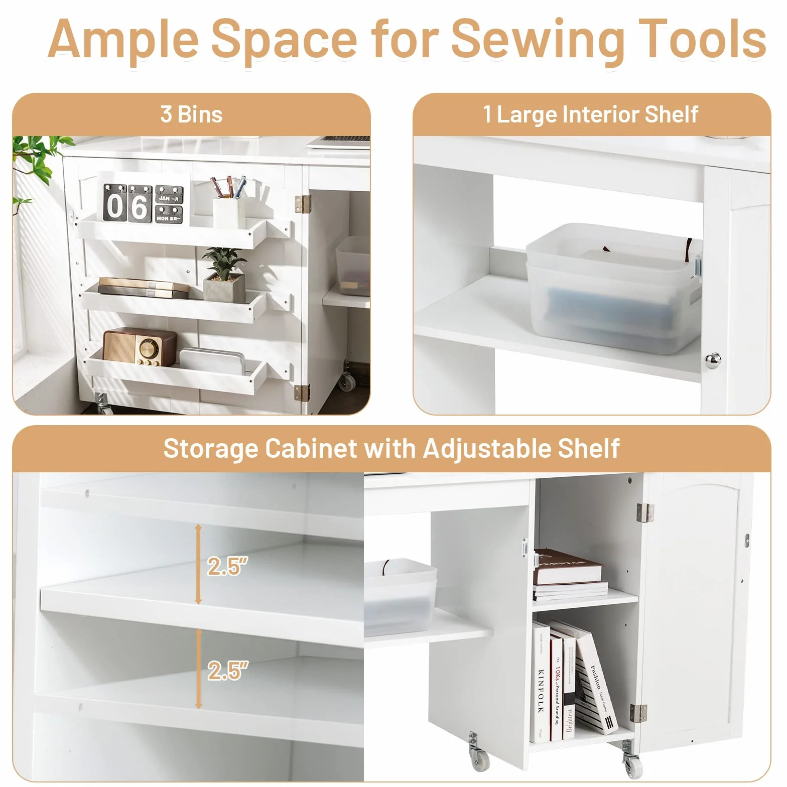 GIANTEX 2 in 1 Mobiletto Cucito, Tavolo Cucire Pieghevole, con 4 Ruote, Armadio Versatile in Legno, per Salone/Salotto/Ufficio, Carico di 55kg, 158,5x50x74cm (Bianco)