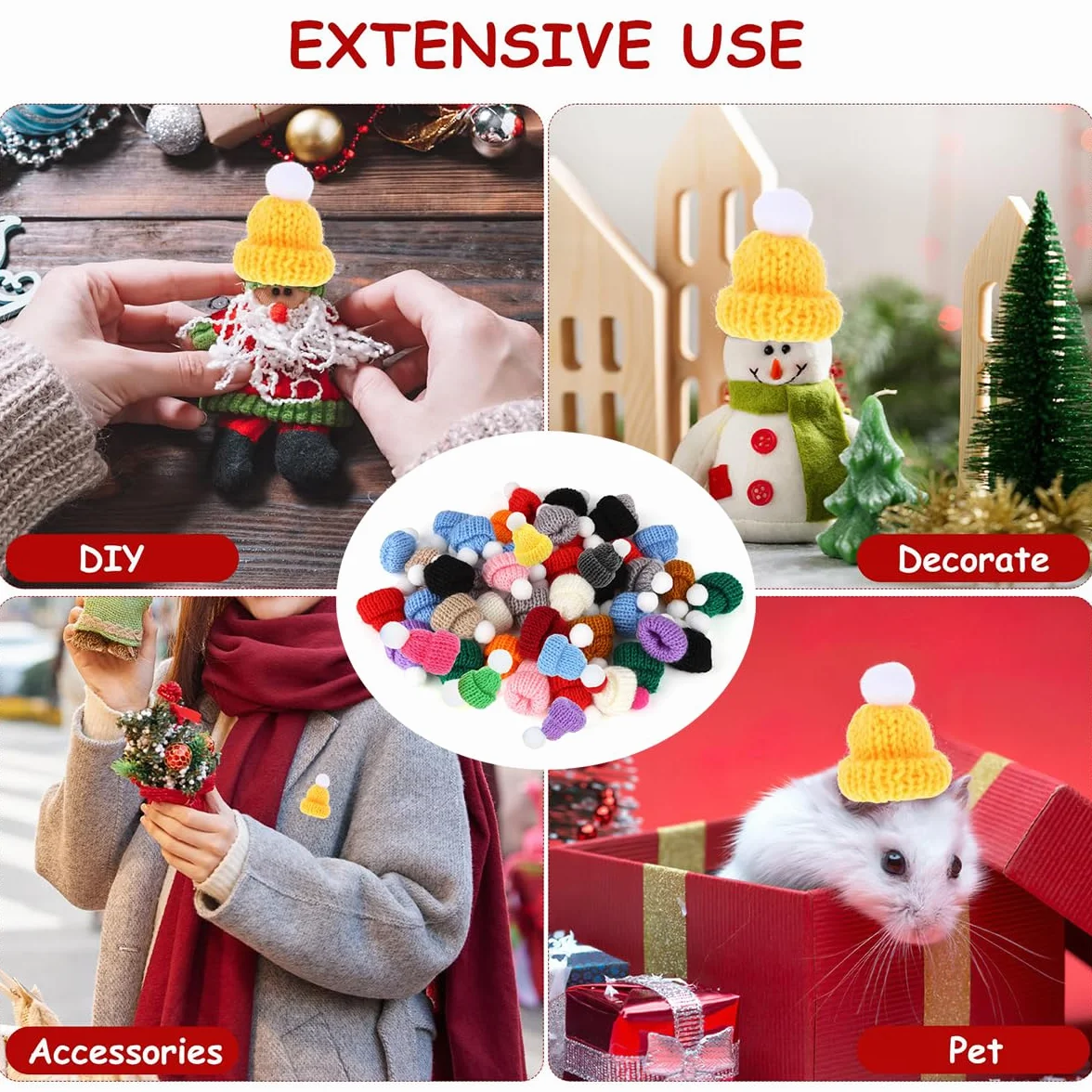 Shirene Mini Cappelli a Maglia,50 Pezzi Mini Cappelli di Lana per Bambole,Mini Cappelli di Natale,Cappelli Decorativi per la Tavola di Natale per Fai da Te,Artigianato,Decorazioni Natalizie