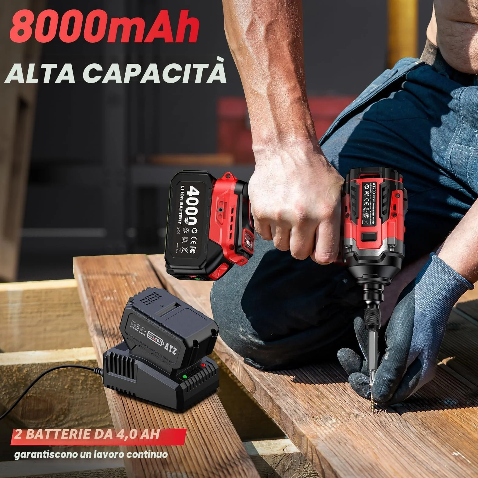 Avvitatore a Impulsi Brushless 1/2" 700N.m Elevata Avvitatori a Massa Battente con 2x 4000mAh Batteria, 5 Bussole, 4 Punte, 4 Viti, Trapano a Impulsi Brushless per Auto Casa