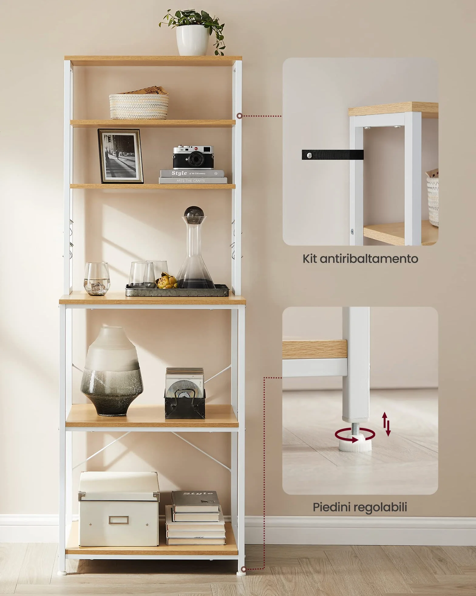 VASAGLE Scaffale Cucina, Mobile Cucina, Scaffale per Microonde, 6 Ripiani, 6 Ganci, Struttura in Acciaio, Stile Rustico, 40 x 60 x 167 cm, Rovere Dorato e Bianco Nuvola KKS024W09