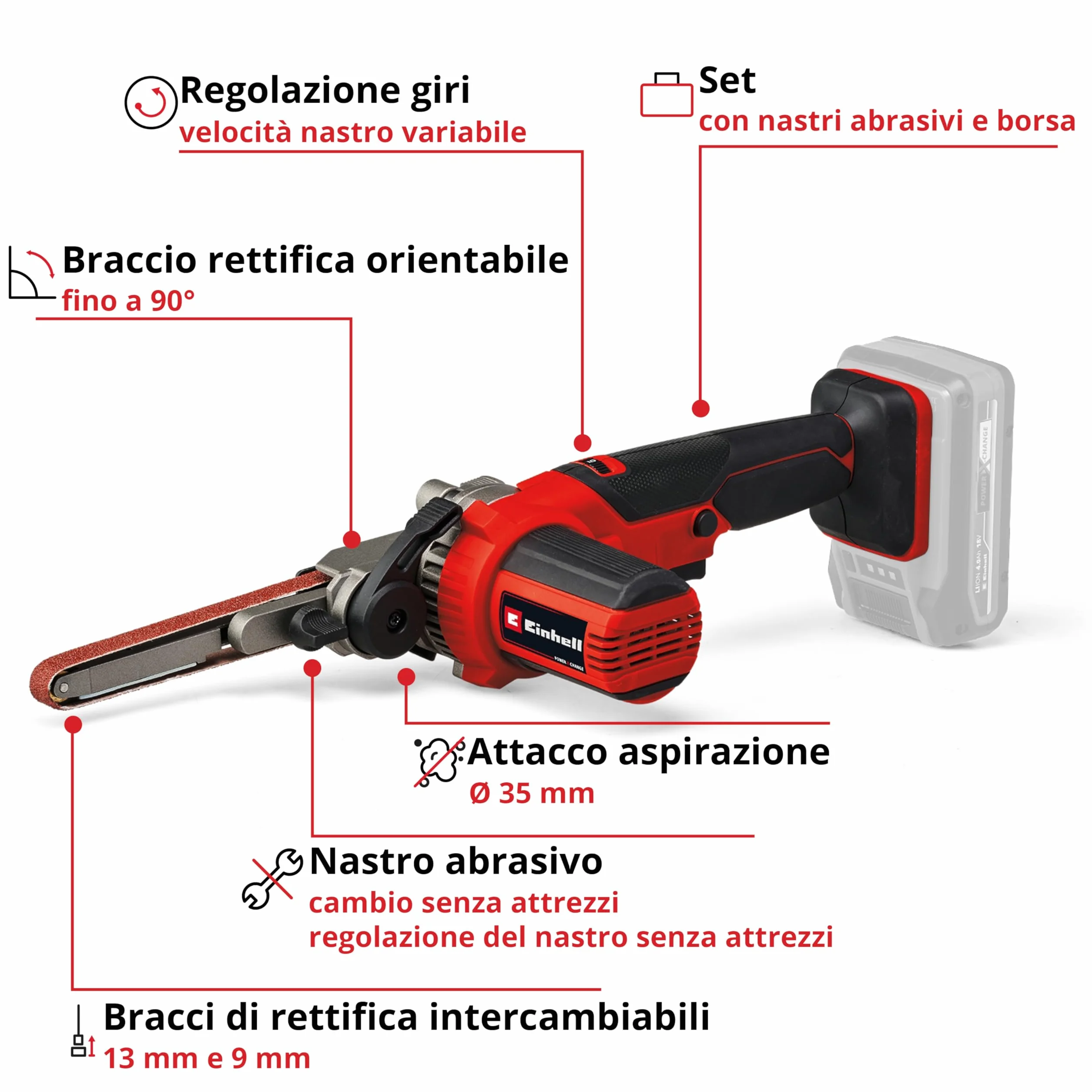 Lima a nastro a batterie Einhell TE-BF 18 Li-Solo Power X-Change (18 V, velocità fino a 1.700 m/min, 2 bracci abrasivi 9 mm e 13 mm, incl. 12 pz. nastri abrasivi, senza batteria)