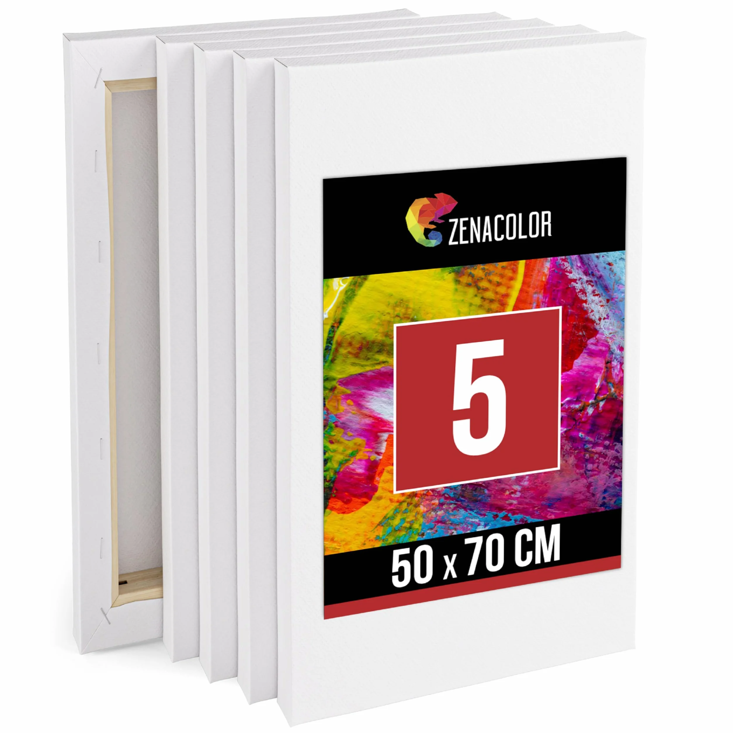 Zenacolor Set di 5 Tela per Dipingere 50x70 - Telaio di Legno 100% Cotone 340GSM - Tele per Dipingere per Colori Acrilici Pittura, Ad Olio, Tempera - Canvas Grandi Dimensioni per Artisti