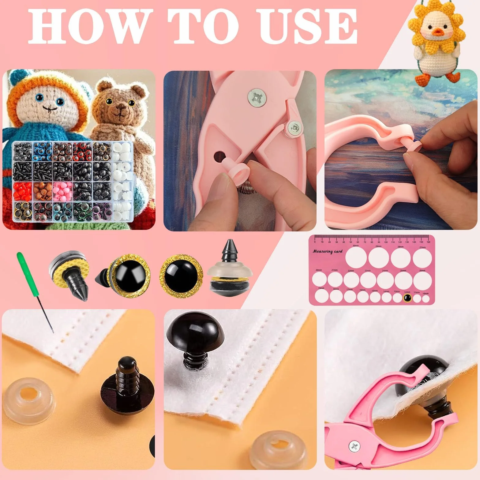 Kit Strumento Occhi di Sicurezza Rosa 1150 PCS con Pinza Ergonomica per Occhi Amigurumi 3D Glitter, 5-30 mm per Animali all’Uncinetto, Pupazzi e Peluche, Accessori Fai da Te con Rondelle e Nasi