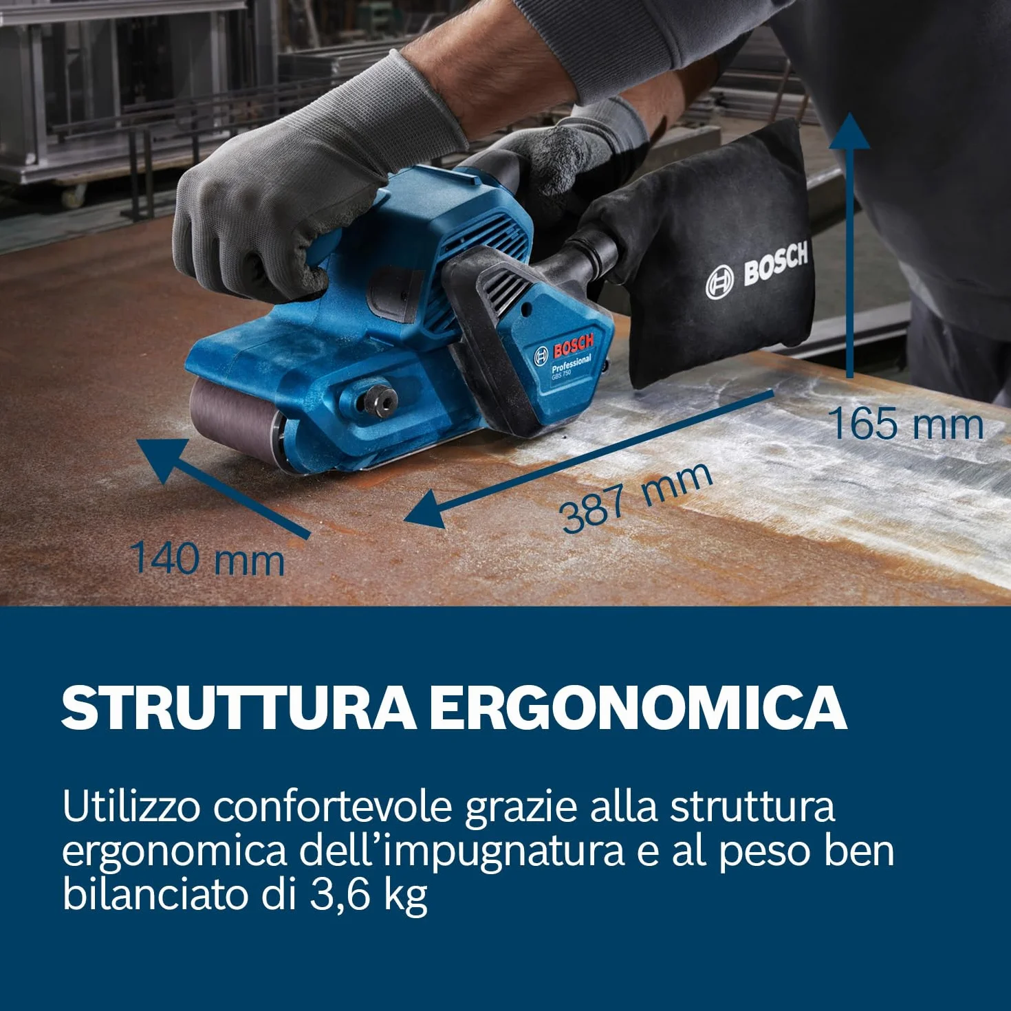 Bosch Professional Levigatrice a nastro GBS 750 (motore da 850 W, incl. nastro per levigatura in tessuto, sacchetto raccoglipolvere)