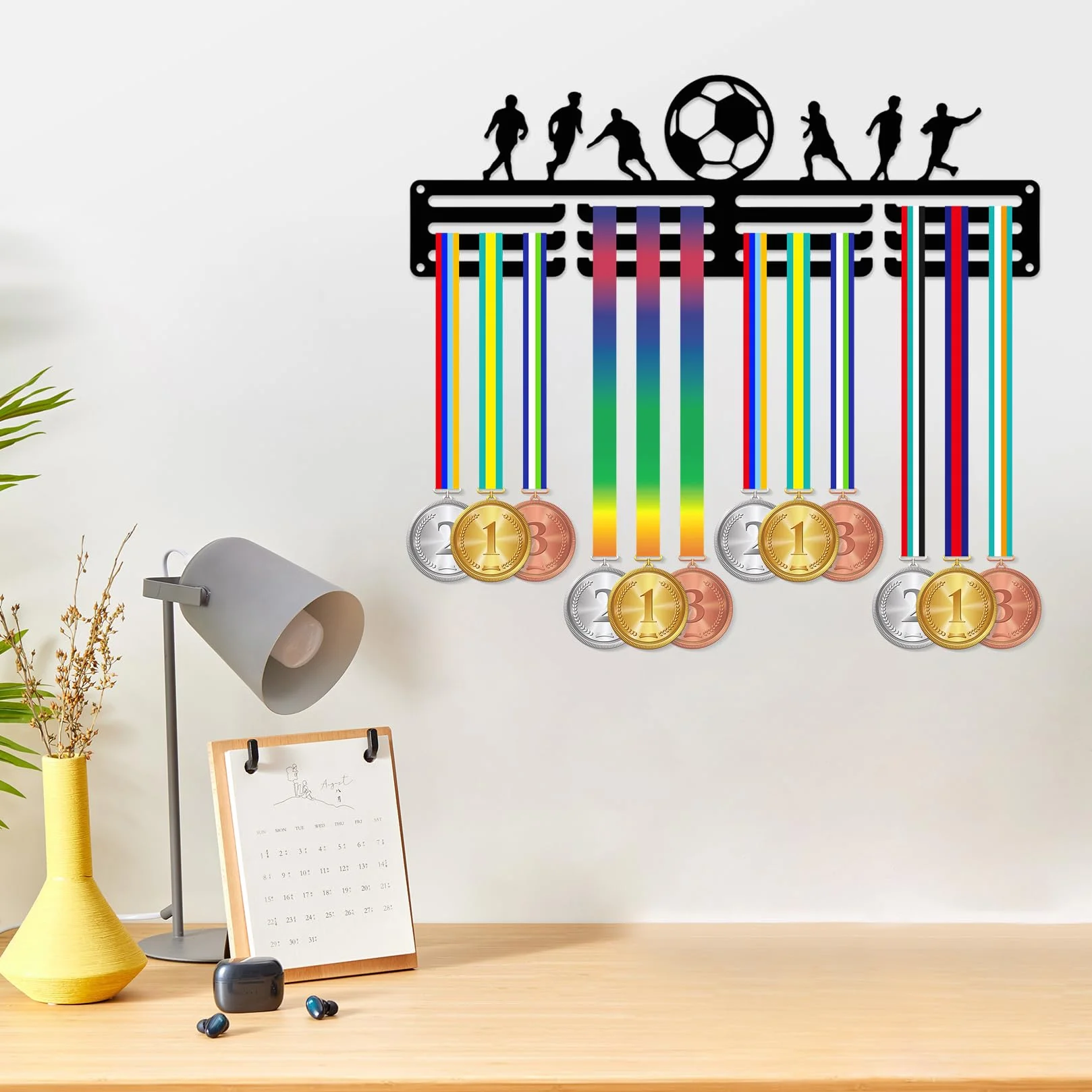 Porta Medaglie Portamedaglie Da Muro Medagliere Da Parete Appendi in Metallo Squadra di Calcio Piccolo Supporto Decorazioni Per Parete Casa Distintivi Gare (30 cm)