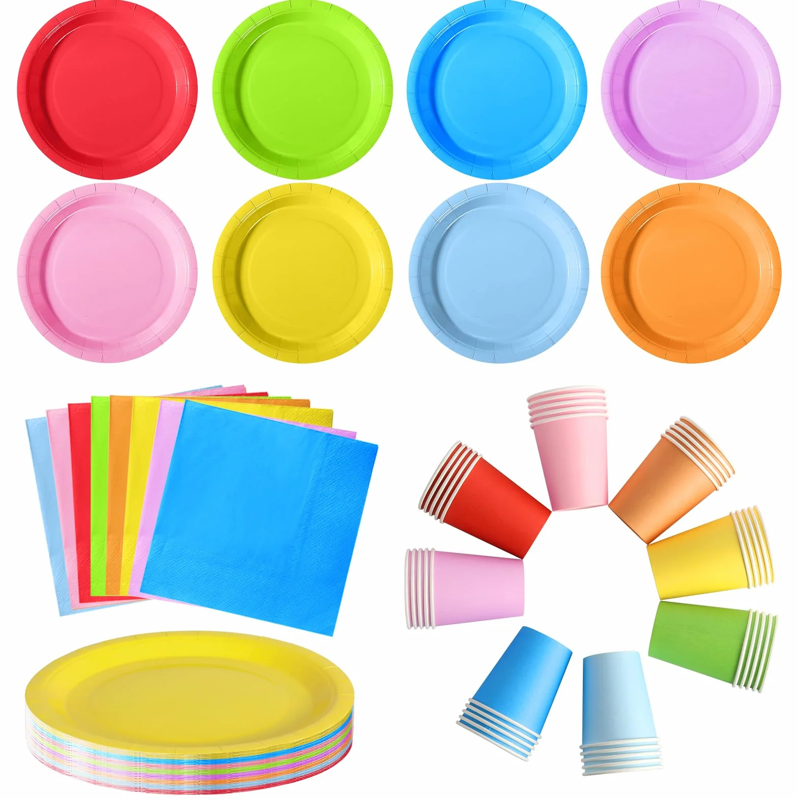 Set Stoviglie per Feste Multicolore 40 Ospiti Piatti Carta 18cm Bicchieri Tovaglioli Compleanni Bambini