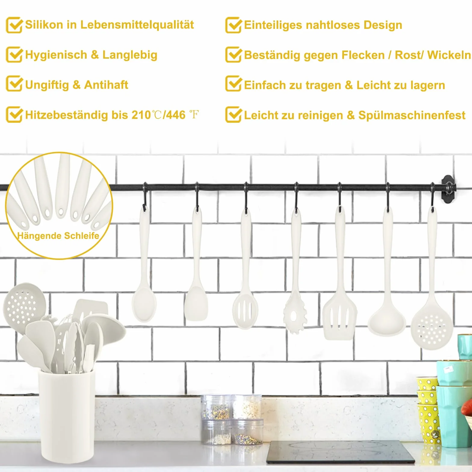 Homikit Set di 12 utensili da cucina in silicone resistenti al calore antiaderenti bianco