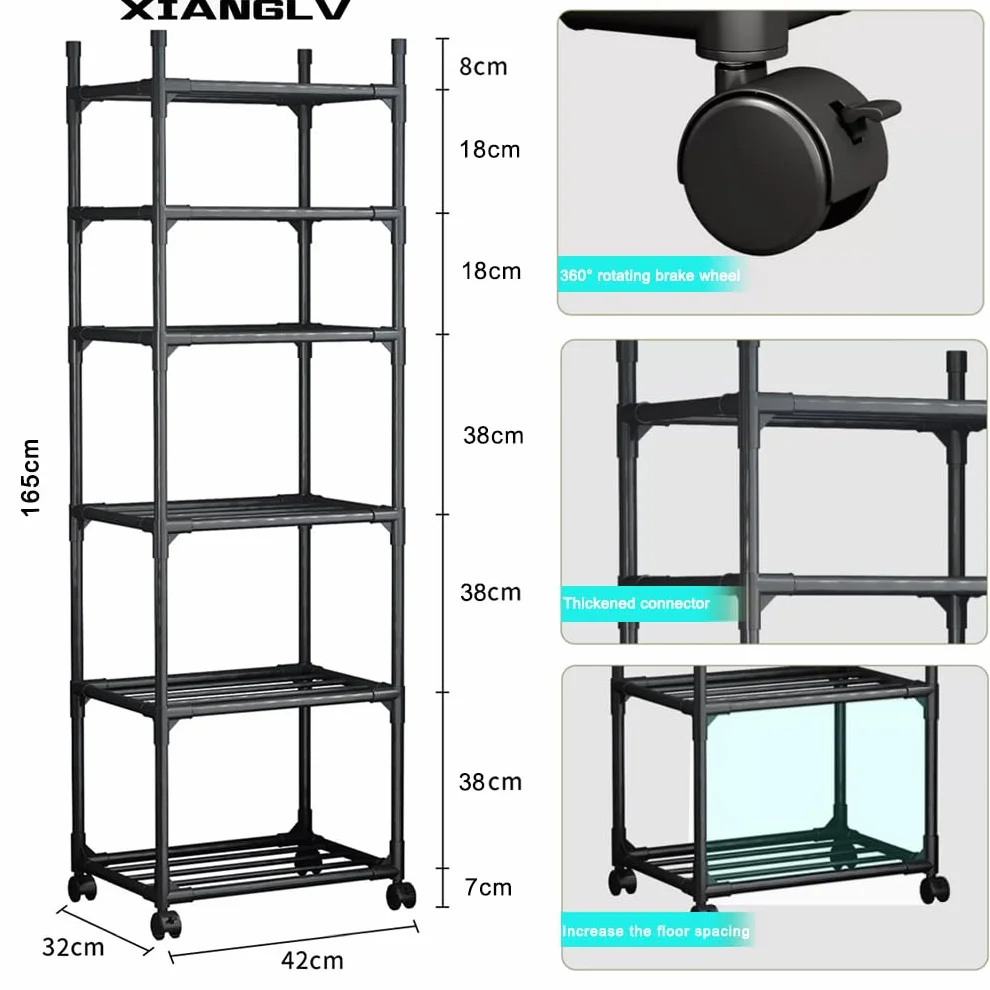 Scaffale a 6 ripiani alto e stretto, 42 x 32 x 165 cm, nero, con ruote e piedini antiscivolo, scaffalatura regolabile e rack portaoggetti per garage, bagno, cucina, angolo