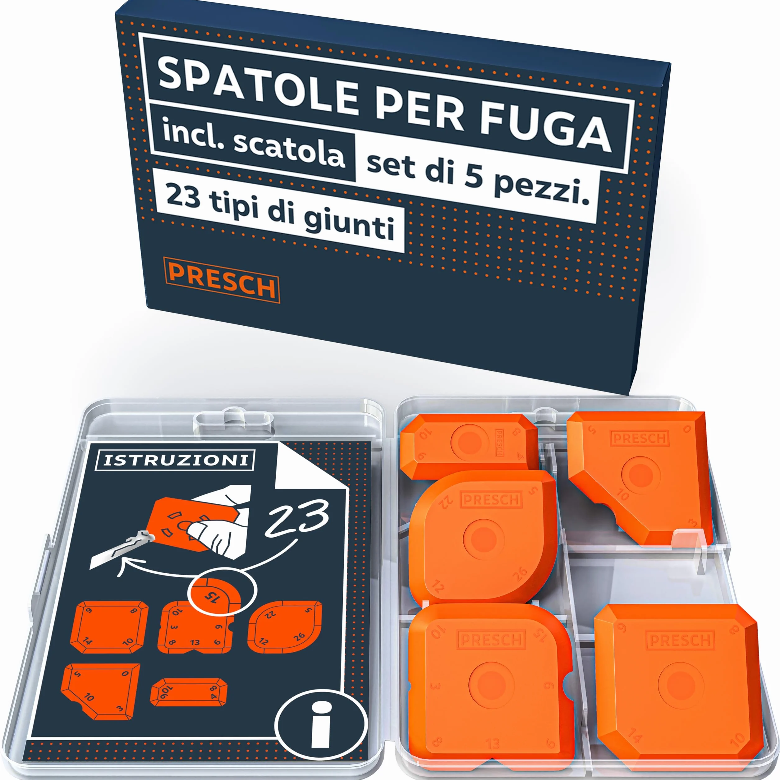 Presch Spatole per silicone Set 5 pz. - Giunti perfetti grazie a bordi molto dritti - Manopole speciali per un facile sollevamento - Ideale per sigillanti come acrilico e silicone - Con scatola