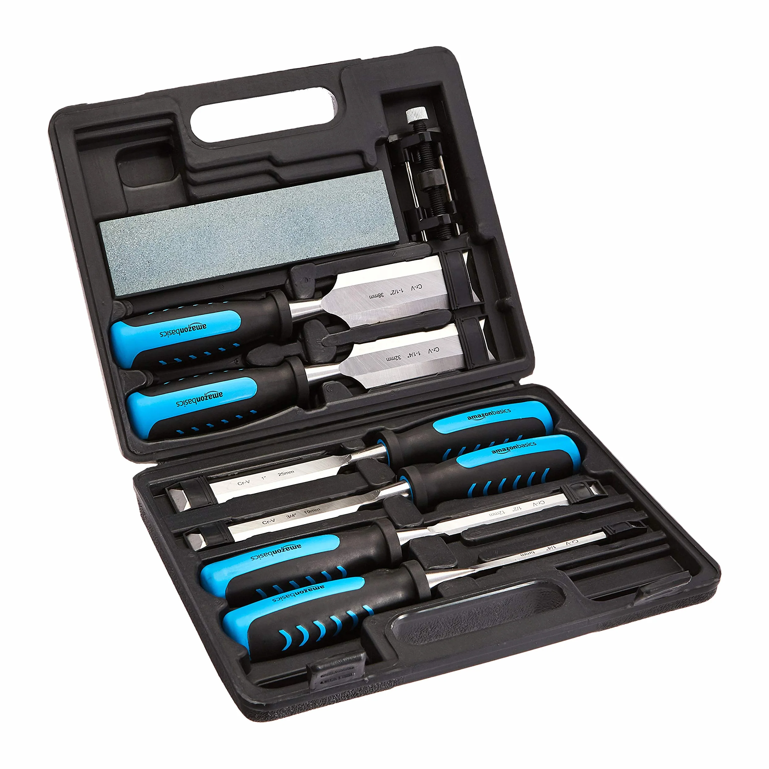Amazon Basics Scalpelli per la lavorazione del legno, per intaglio, con guida levigatrice, cote e custodia, confezione da 8, 1/4" - 1-1/2"