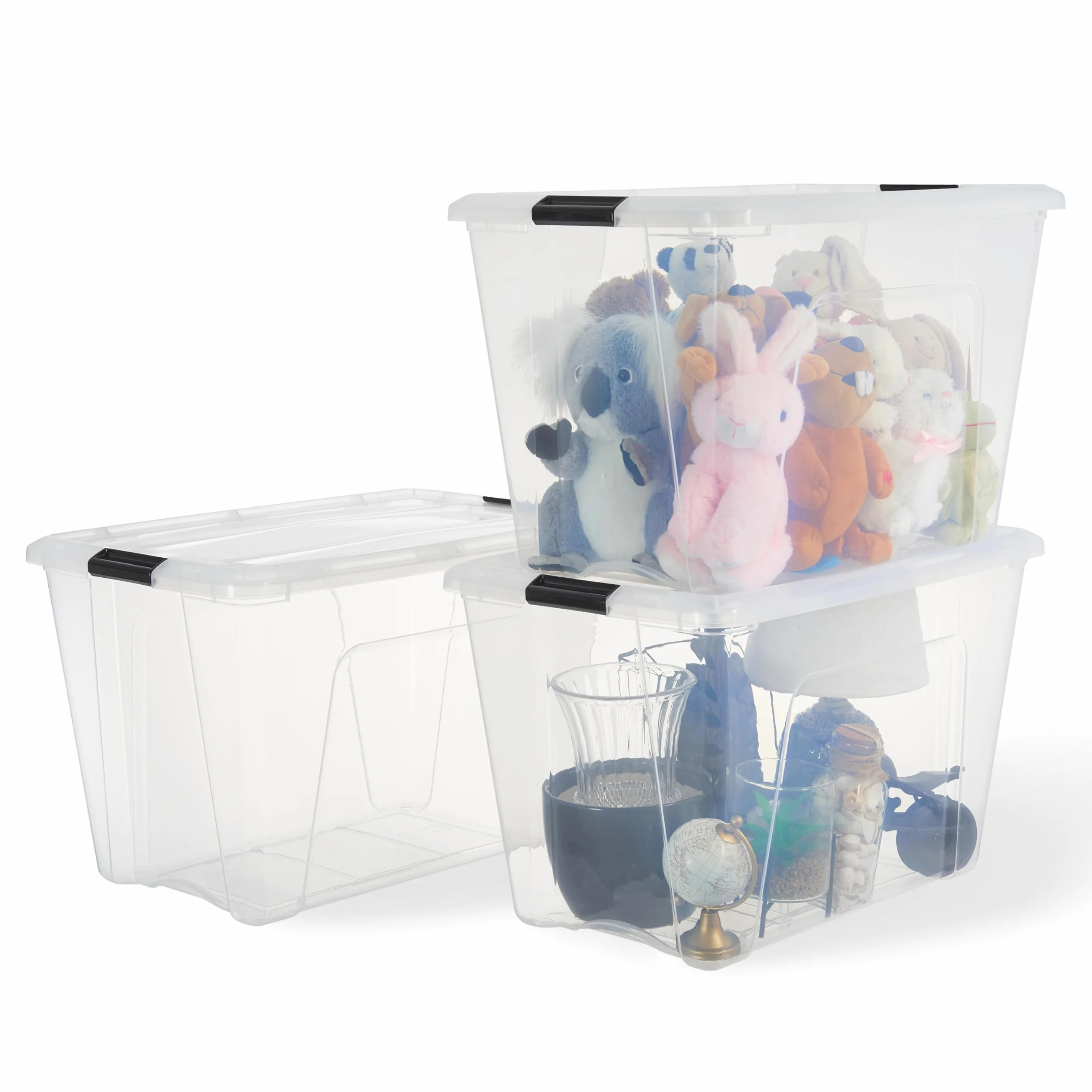 Iris Ohyama, Scatola portaoggetti in plastica con coperchio, 55 l, confezione da 3, trasparente, 98% in plastica riciclata, clip di chiusura, maniglia, impilabile, per camera, spogliatoio, ufficio