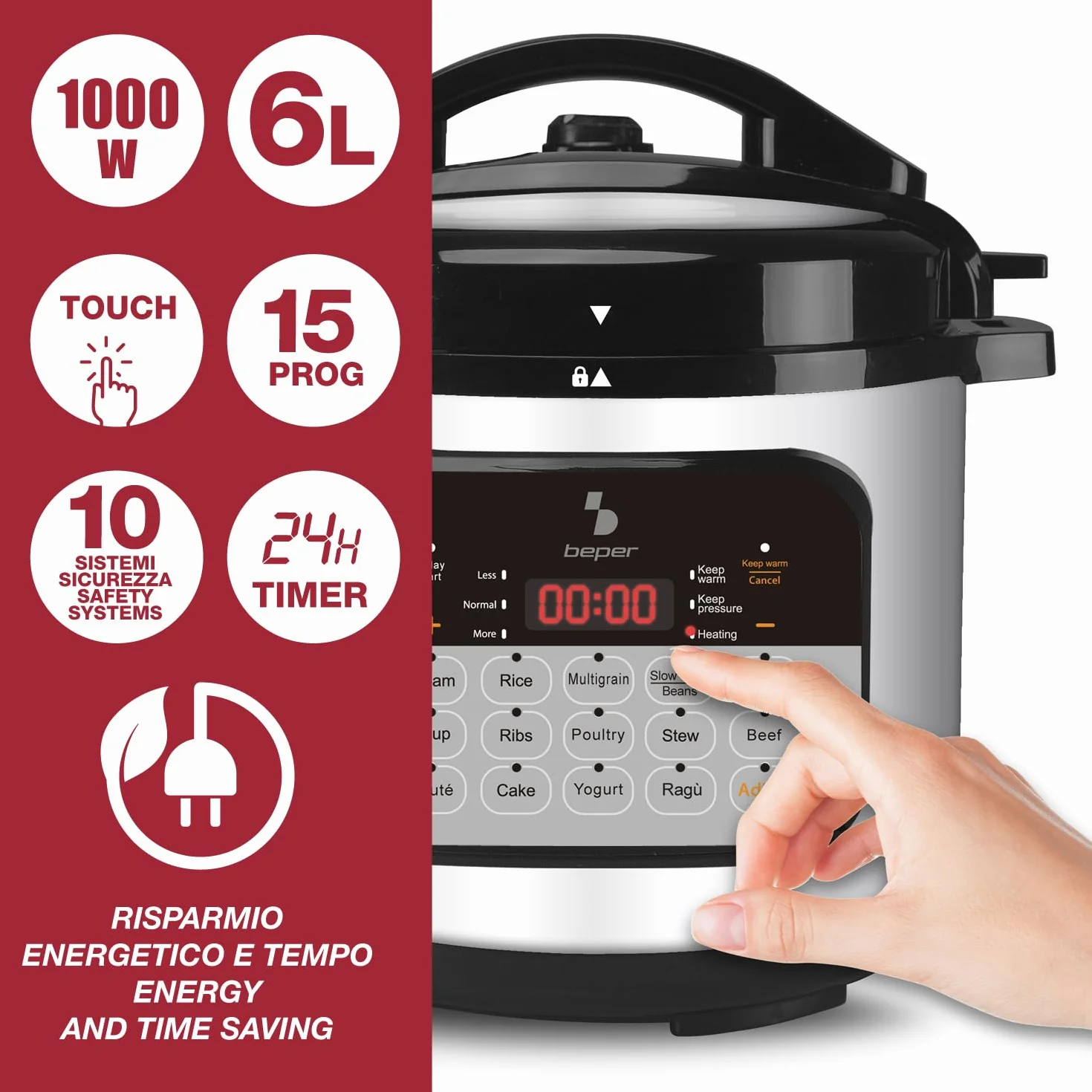 BEPER P101COS002 Pentola Multicooker a Pressione 6 Litri,15 Programmi di Cottura, Slow Cooker, Timer 24h, 3 Livelli di Pressione, Funzione Mantenimento Caldo, 10 Sistemi di Sicurezza,1000W