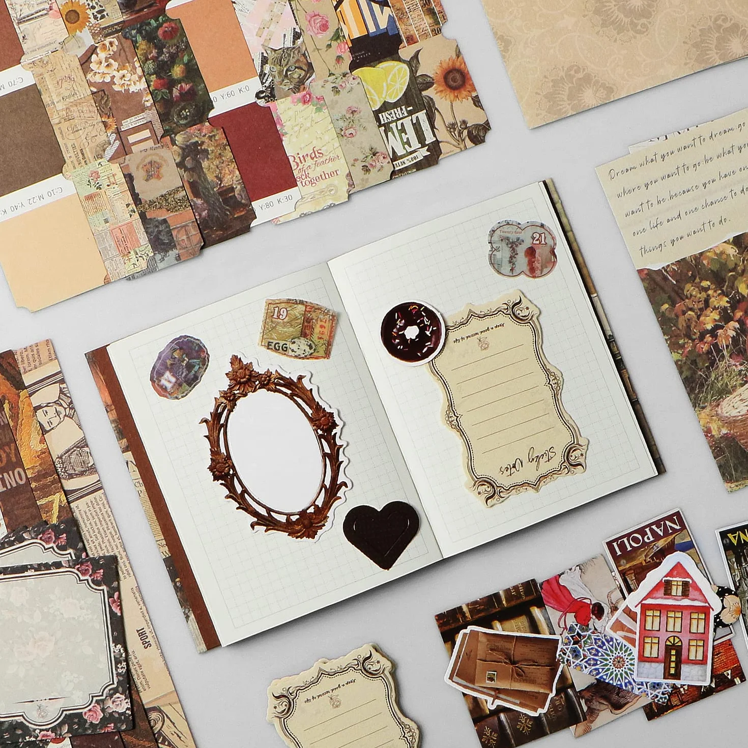 SUPRBIRD Scrapbooking Kit Set di accessori per scrapbook vintage 136 pezzi,Estetico Bullet Junk Journaling con A6 Griglia Notebook Album Da Viaggio, regalo fai da te per Ragazze E Donne (Cioccolato)