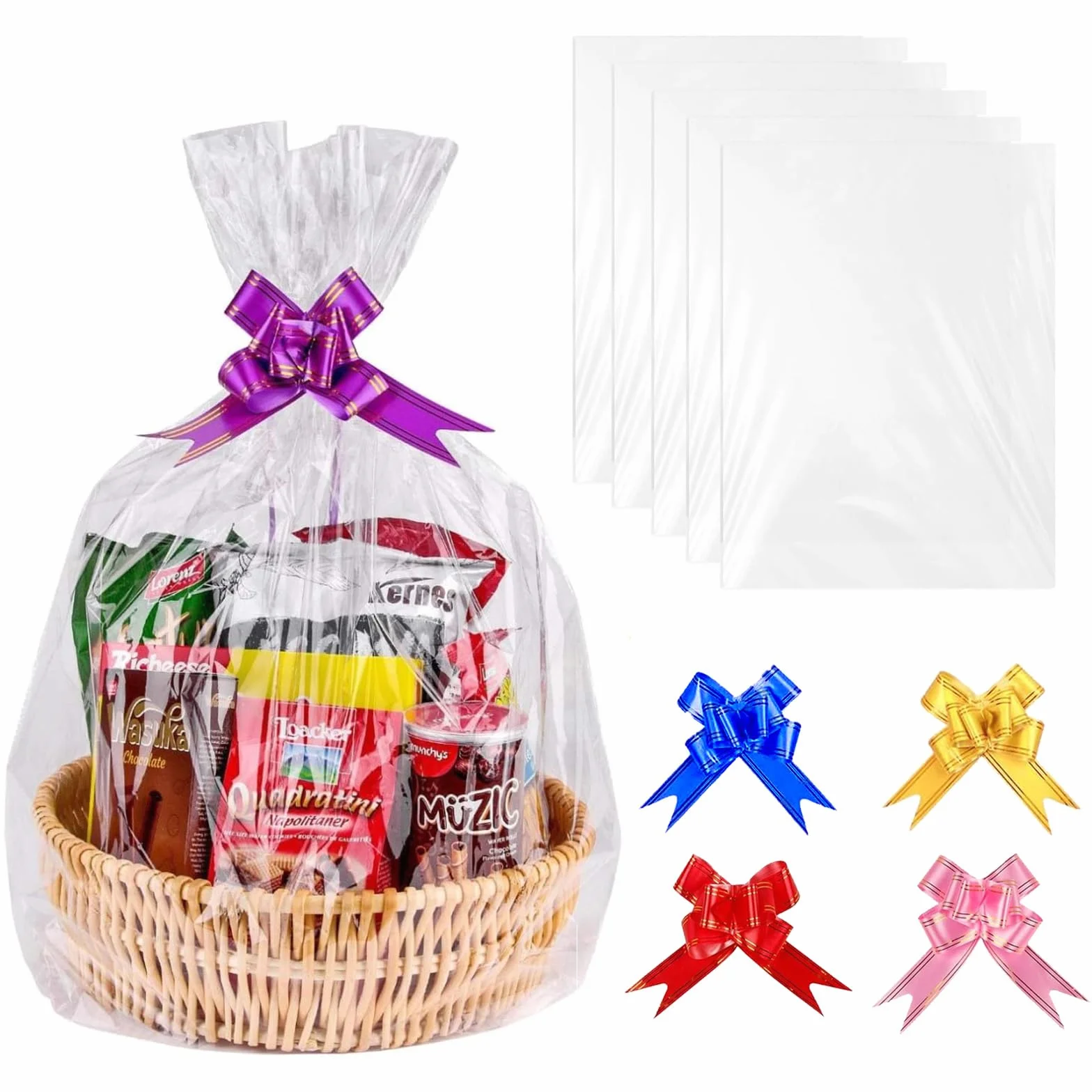 5 Pezzi Fogli Cellophane Trasparente Per Confezioni, 5 Fiocchi, 75×100 cm Cellophane, Carta Cesti Trasparente,per Cesti Regalo,per Regali, Cesti Regalo, Fiori, Artigianato, Dolcetti, Matrimoni