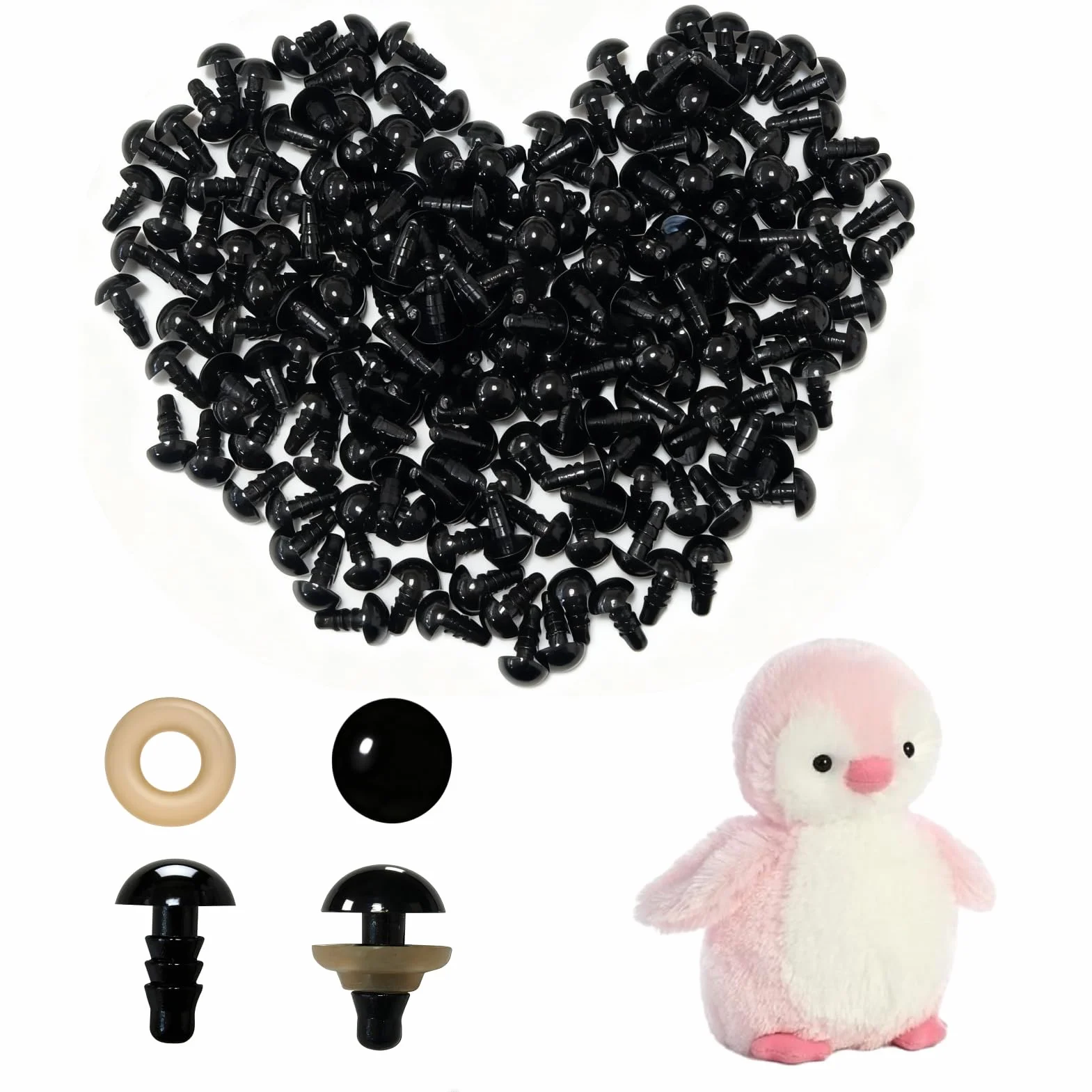 200 pezzi occhi di sicurezza 8 mm con rondelle per amigurumi, pupazzi, bambole e progetti fai-da-te, occhi plastica neri, accessori uncinetto, cucito, feltro, bricolage e artigianato creativo