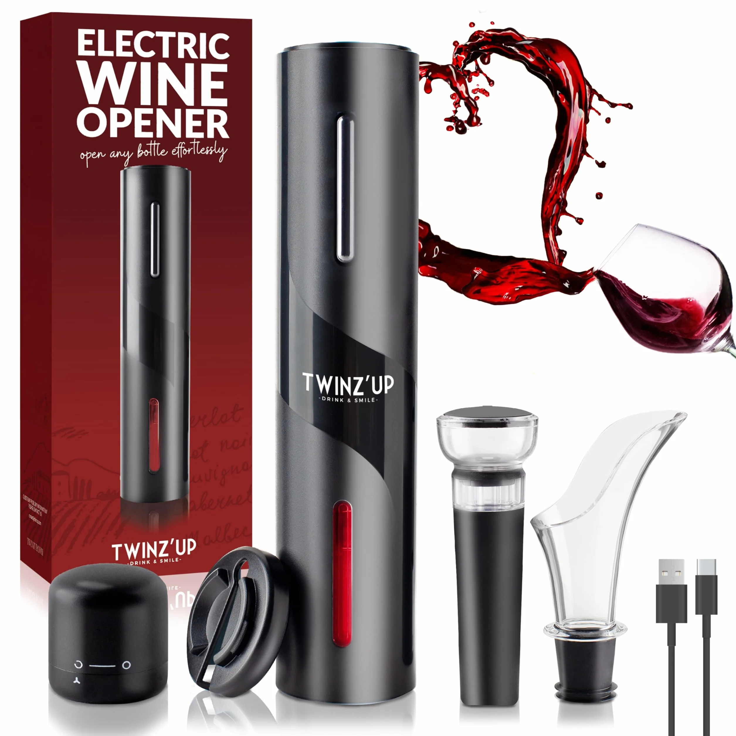 Cavatappi Elettrico Per Vino Ricaricabile 6 in 1 con Cavo USB, Taglia Capsula, Versatore, Tappo a Vuoto e Aeratore, Apribottiglie Elettrico - Regalo per Uomo, Appuntamenti e Amanti del vino