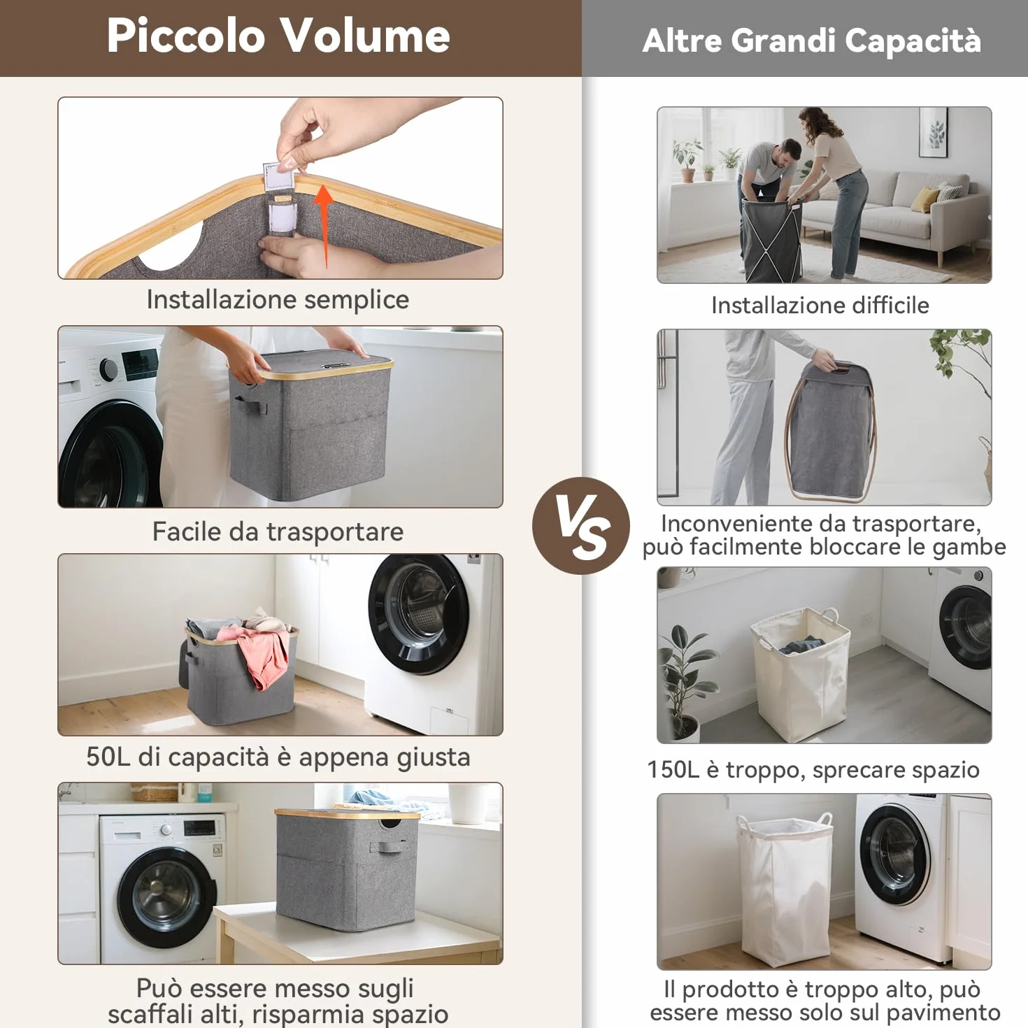 OUSFOT Cesto Portabiancheria Sporca 50L, Cesta Panni Sporchi con Grandi Tasche Anteriori e una Robusta Maniglia, Impermeabile Laundry Basket Per Armadi a Muro, Camere da Letto, Lavanderie, Bagno