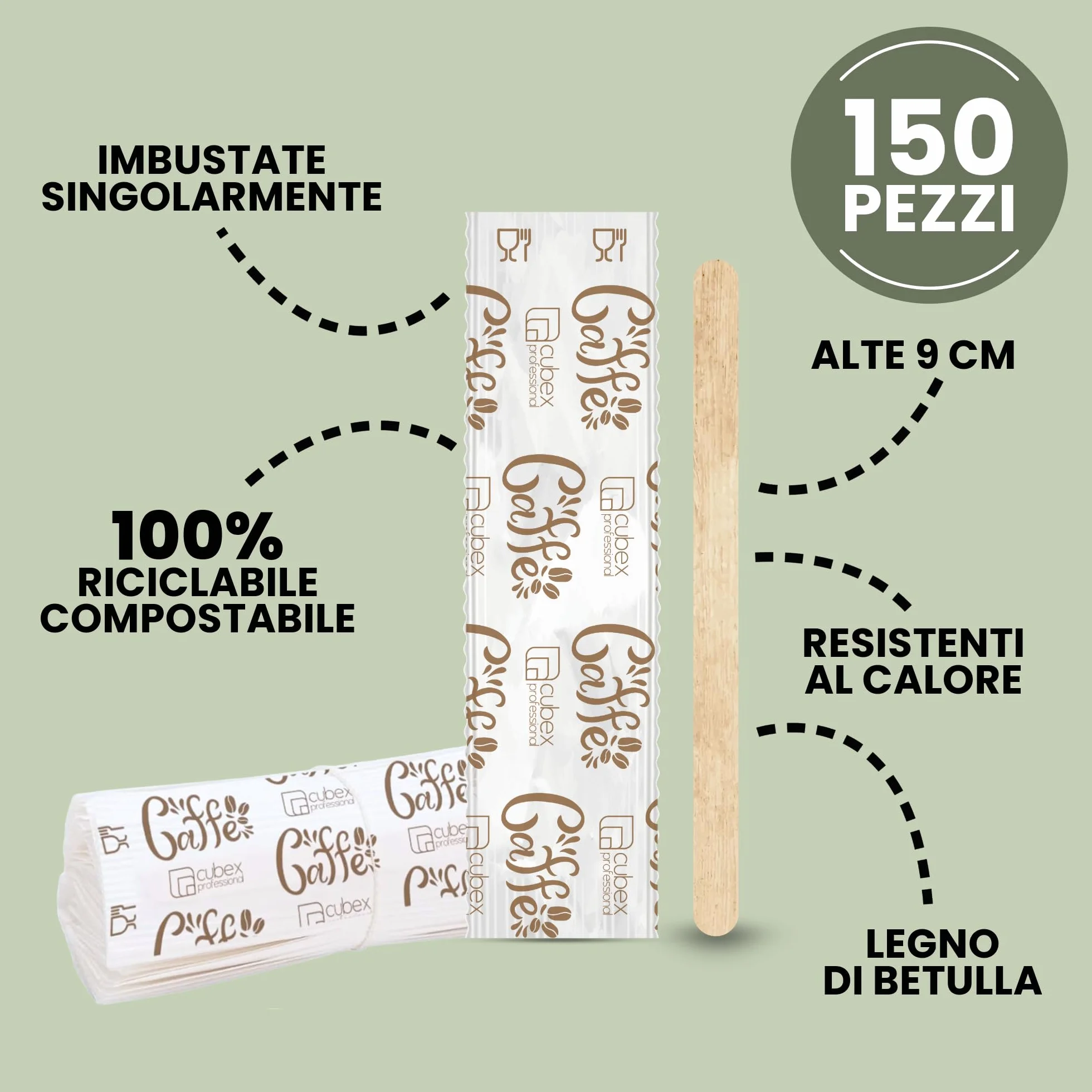 Cubex Professional Kit Caffè 450 Pezzi Bicchierini Cartoncino 75 ml Zucchero Palettine Legno 9 cm