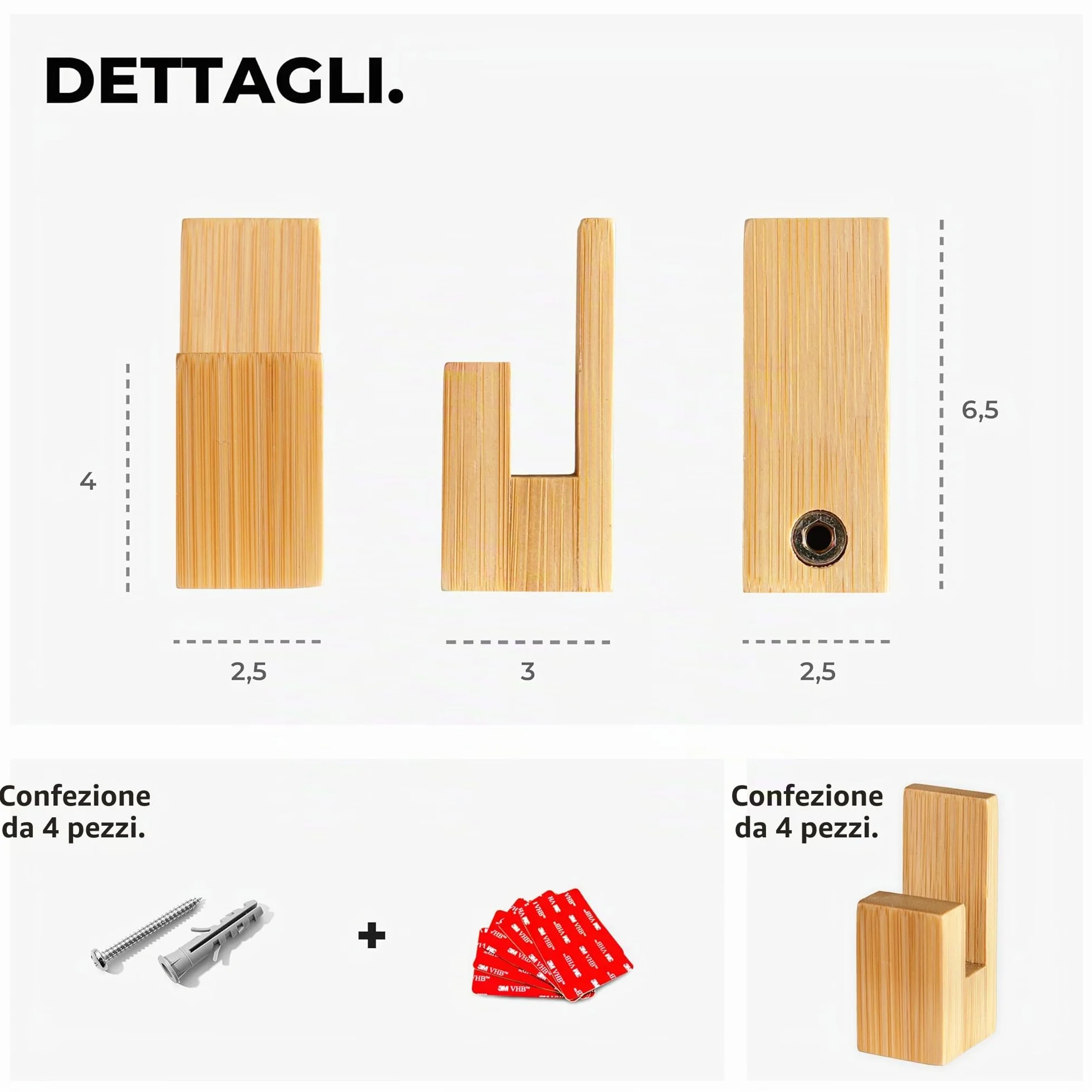 Ganci Appendiabiti Adesivi Bambù Set 4 - Portaasciugamano da Bagno Senza Forare