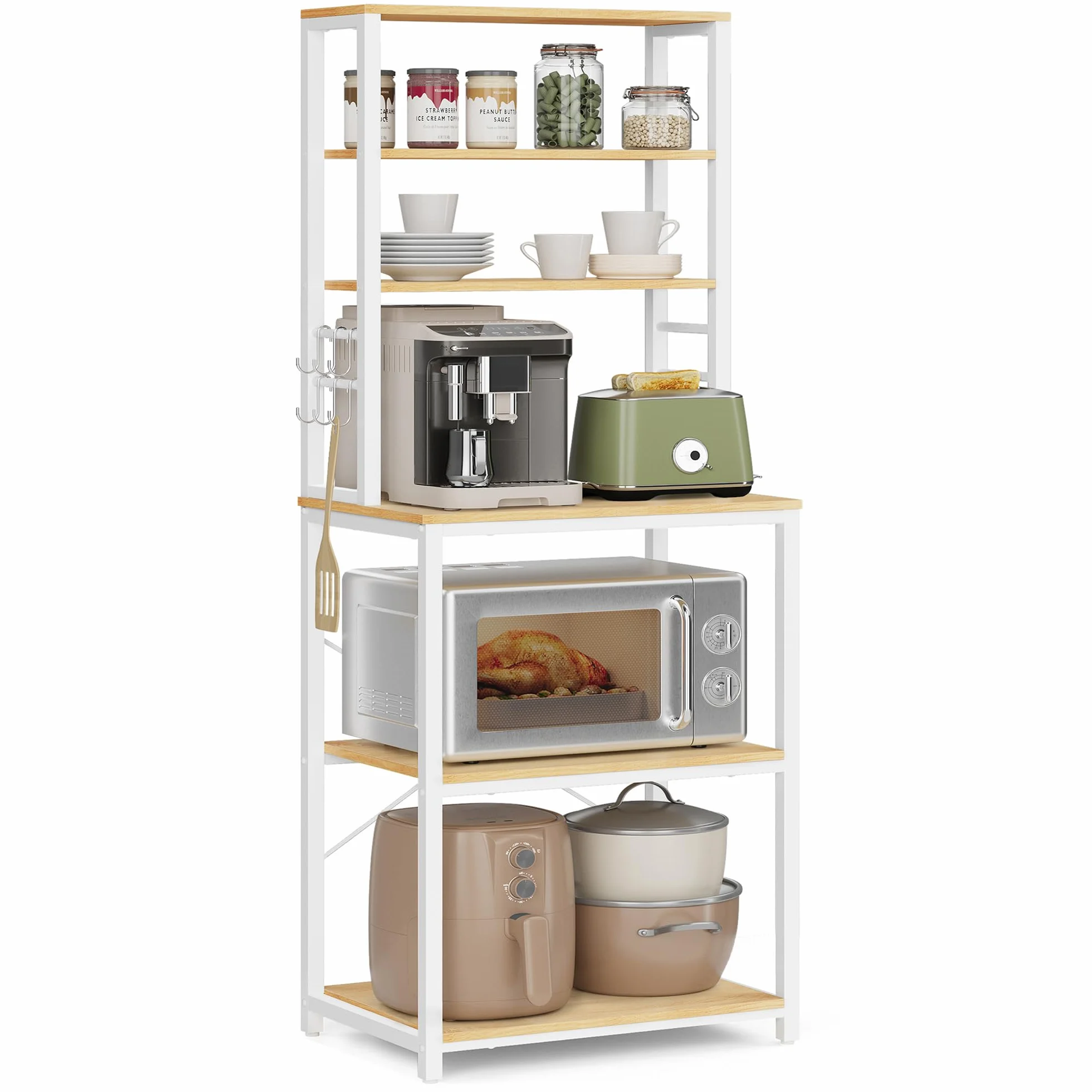 VASAGLE Scaffale Cucina, Mobile Cucina, Scaffale per Microonde, 6 Ripiani, 6 Ganci, Struttura in Acciaio, Stile Rustico, 40 x 60 x 167 cm, Rovere Dorato e Bianco Nuvola KKS024W09