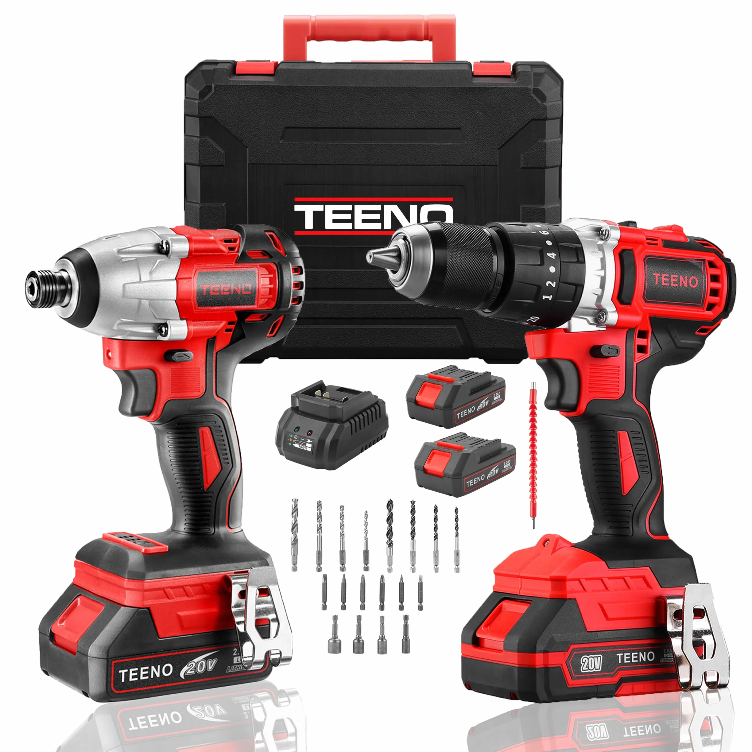 TEENO Kit 2-in-1 Trapano Percussore 45Nm Avvitatore a Impulsi 20V con Cassetta, 2 Batterie 2.0Ah, Caricabatterie Rapido, 25 Accessori