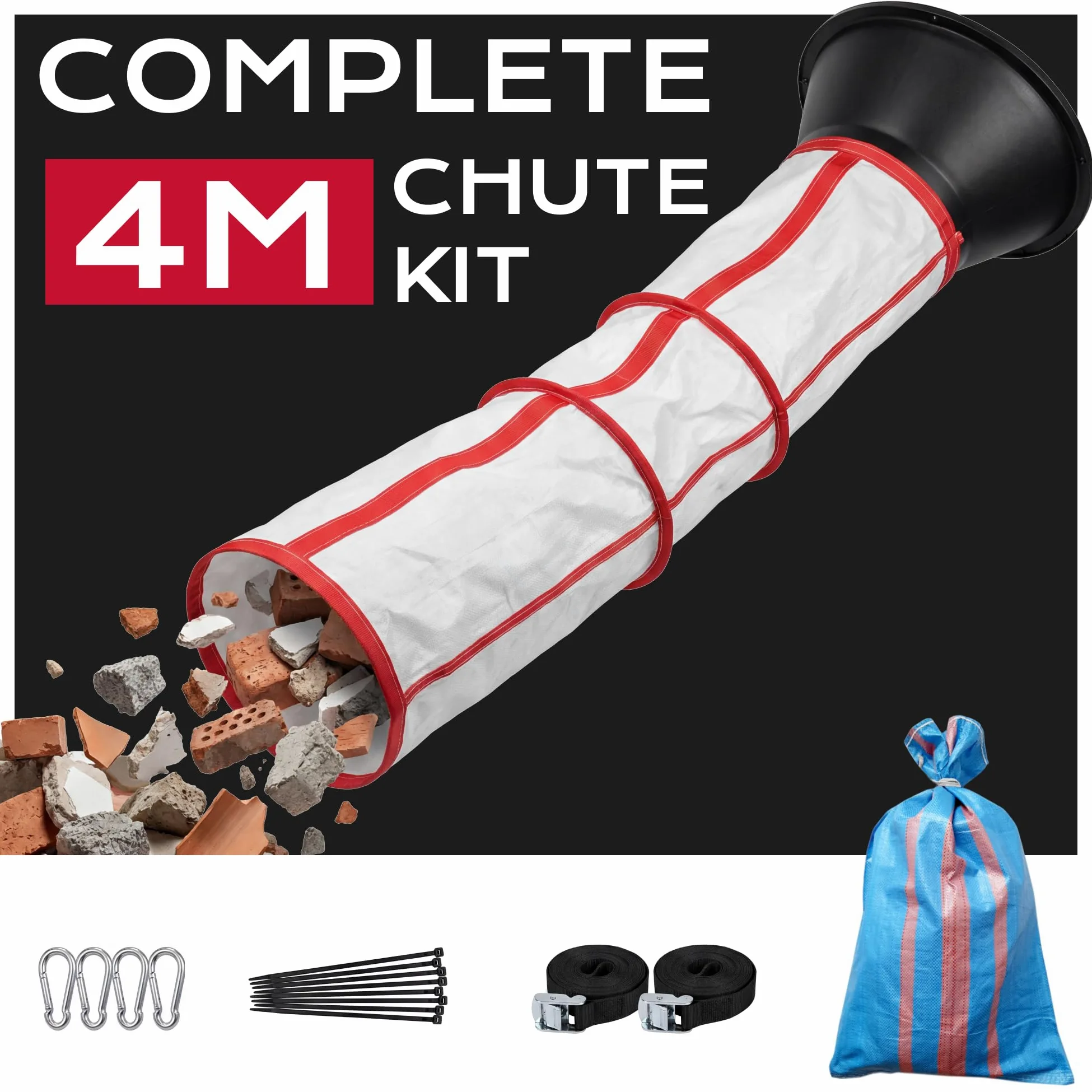 Scivolo Flessibile per Detriti 4m | Scivolo per Detriti | Edili con Imbuto Di Riempimento e Cinghie di Tensione e 25 sacchi da 30 kg, Per Rifiuti Edili, Cantieri di Ristrutturazione