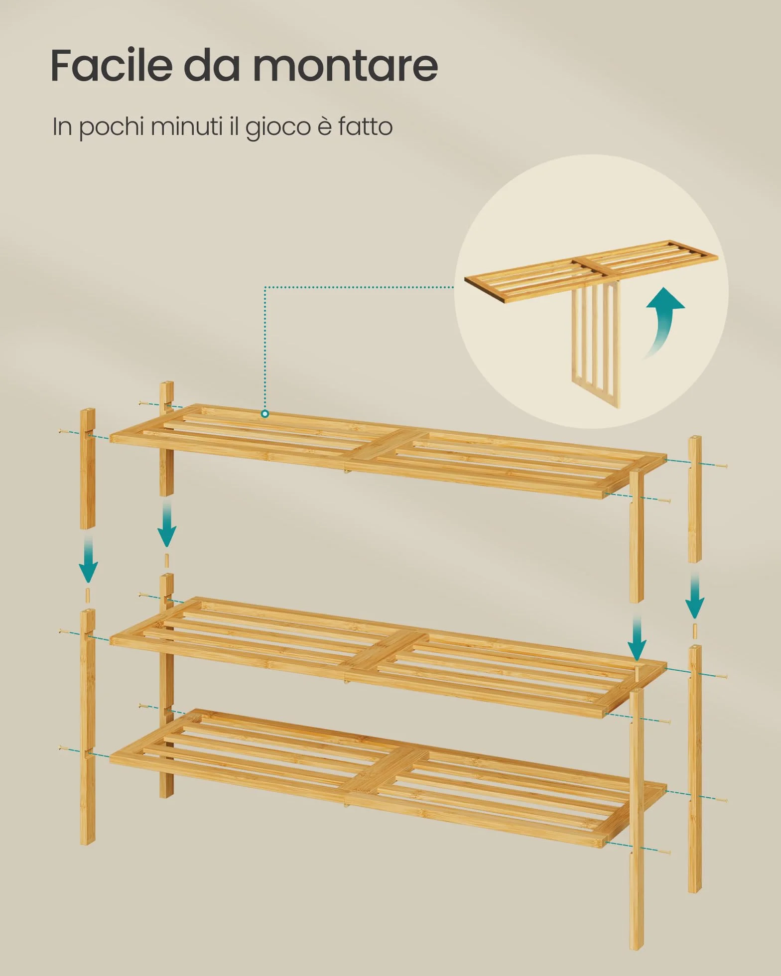 SONGMICS Scarpiera in Bambù, 3 Ripiani, Impilabile, Slim, Scaffale per Ingresso Soggiorno Camera da Letto Garage, per 12-16 Paia di Scarpe, 25 x 70 x 51,5 cm, Colore Naturale LBS053YL01