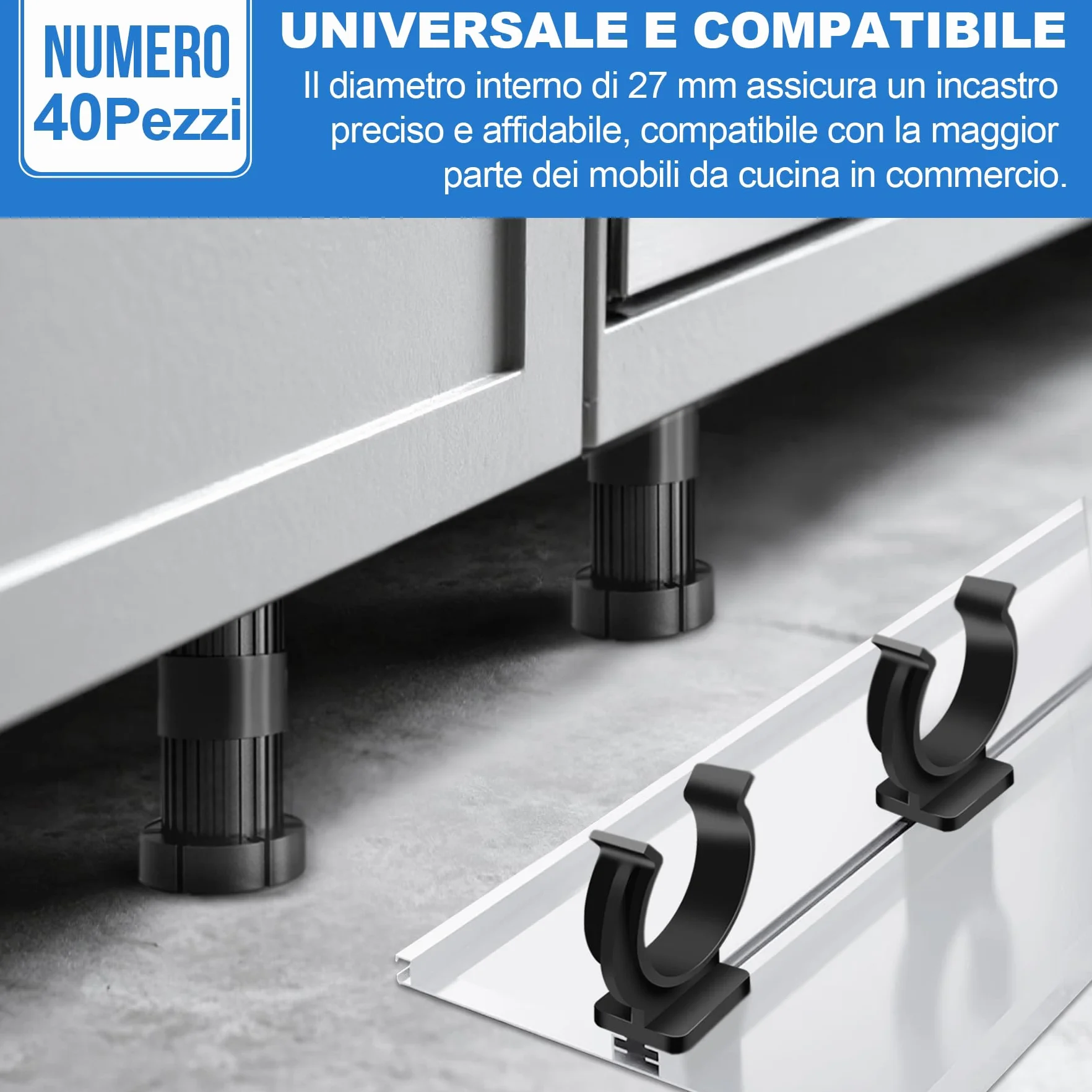 Ganci per Zoccolo Cucina 27 mm, Clip Universali ABS per Battiscopa, Compatibili Piedini Regolabili 27-33 mm, 40 Pezzi