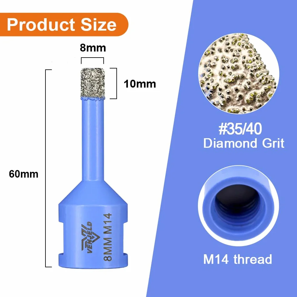Punte Trapano Diamantate 8mm - 2 Pezzi Punta a Tazza con Filettatura M14 Foratura a Secco per Piastrelle Ceramica Porcellana Granito Marmo VENJELD