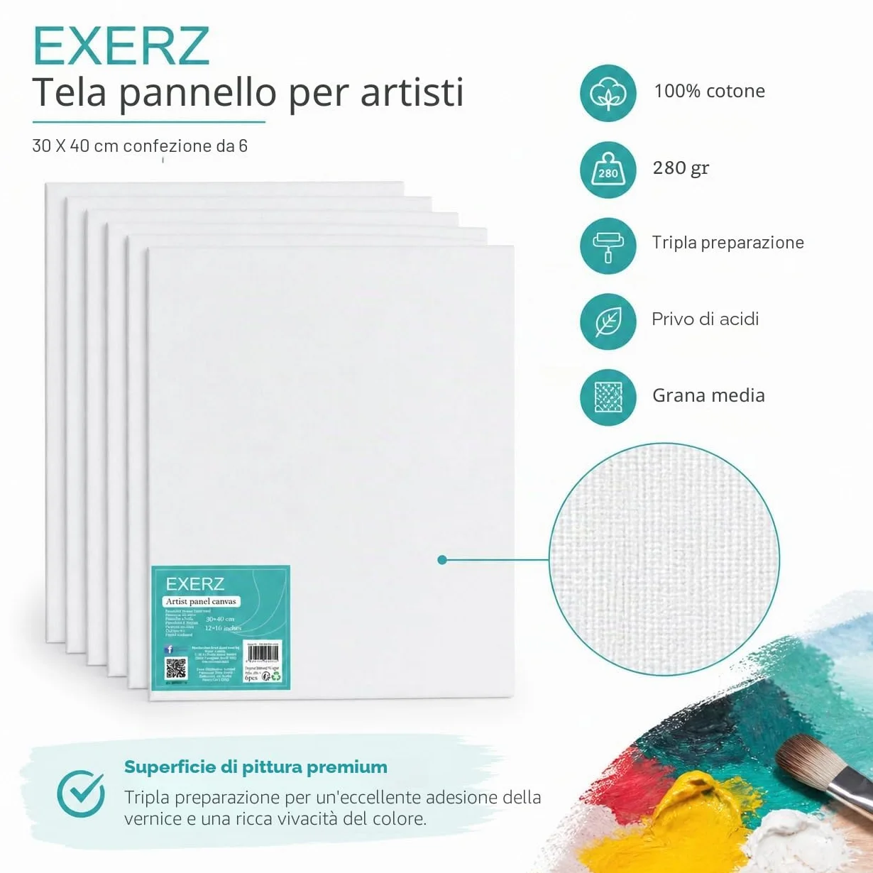 Exerz 30x40cm Pannelli in Tela 6pz - 3mm/ 280gsm/ 100% Cotone Cartoni Telati d’Artista Bianca per Pittura/Vuote/Tre Strati di Gesso/Prive di acidi/Grana Media - Olio o Acrilico