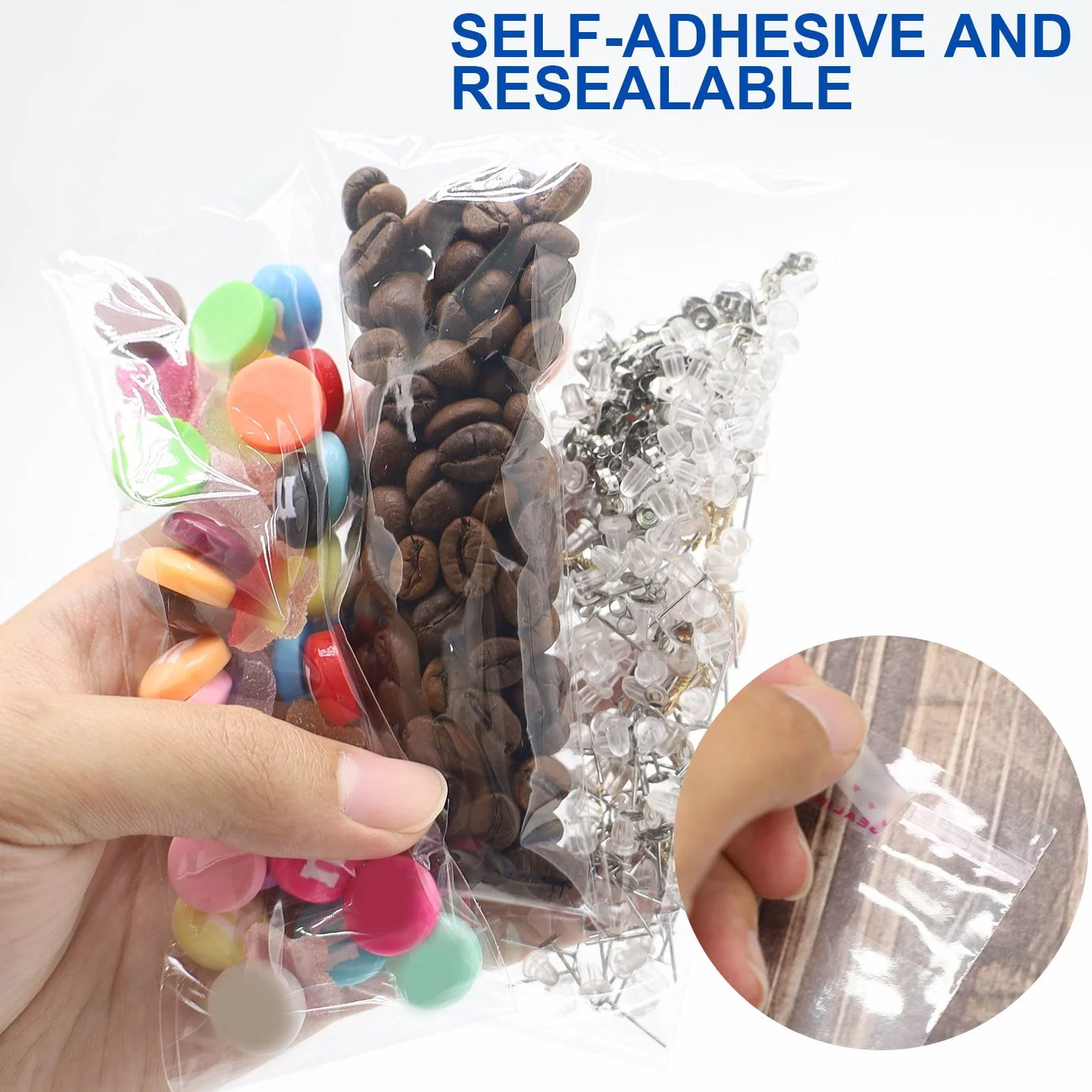 100 pezzi, 5 x 18 cm, sacchetto di cellophane autoadesivo, chiusura autoadesiva, sacchetto di plastica trasparente, sacchetto di cellophane per collana, penna, pennello per labbra, cucchiaino da caffè