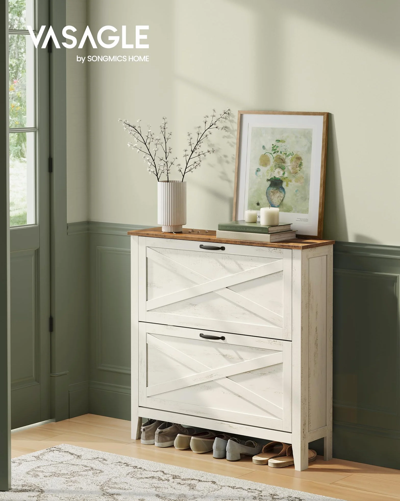 VASAGLE LIRY Collezione - Scarpiera con 2 Scomparti a Ribalta, Scarpiera Ingresso Slim, Stile Farmhouse, per 12-16 Paia di Scarpe, Bianco Vintage HSC201W01