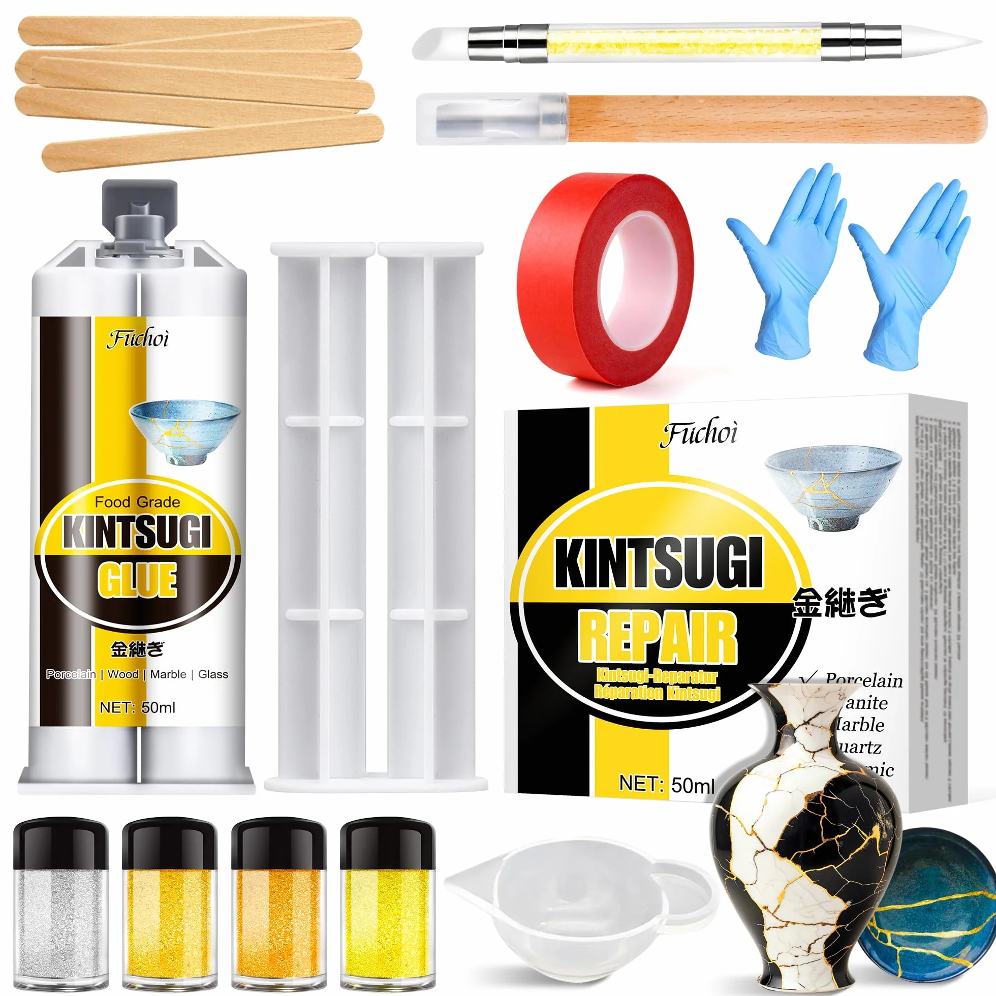 Kit di Riparazione Kintsugi Nuovo, Kit Kintsugi Giapponese con 50ml Colla Ceramica per Alimenti, 4 Colori Polveri (Oro/Argento/Mica) per Riparare Ceramica/Porcellana/Gioielli/Vetro, Per Principianti