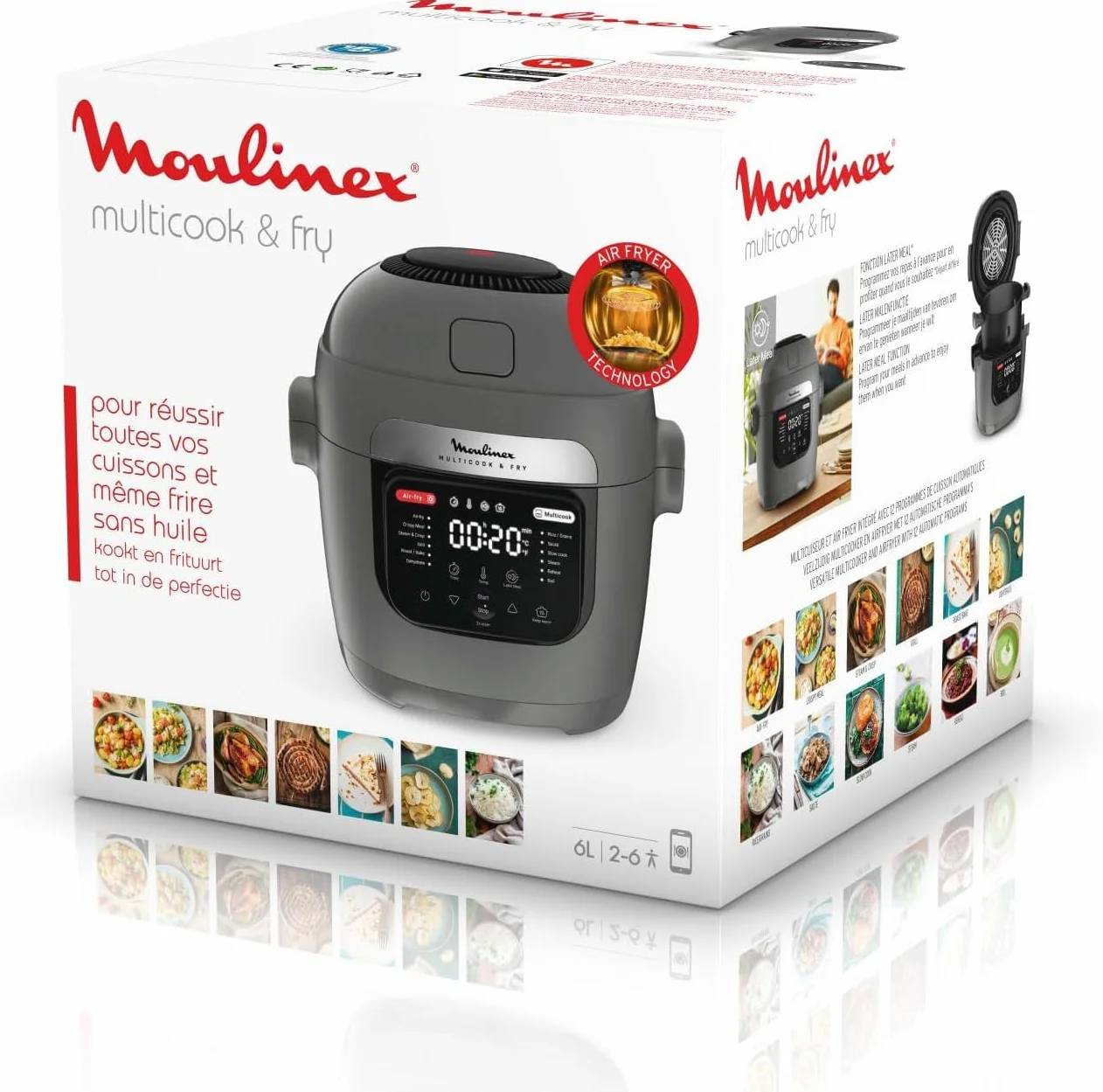 Moulinex Multicook & Fry MZ730BF0 Multicooker e friggitrice ad aria integrata, con 12 programmi, cottura su 2 piani, funzione di programmazione, capacità da 6 l, grigio (gris hippo)