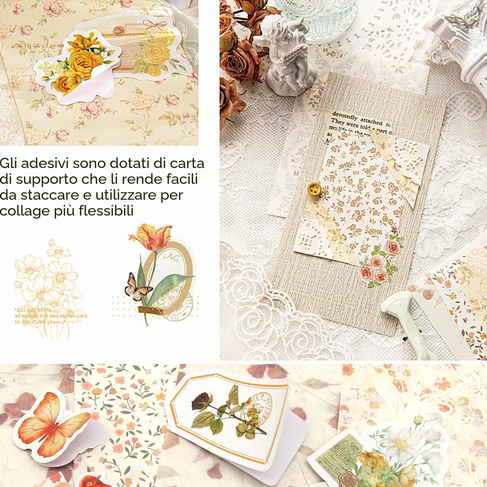 Kit Scrapbooking Vintage 400 Pezzi – Carta Scrapbooking e Adesivi Floreali per Album, Diario, Bullet Journal e Collage – Scrapbooking Accessori con Stickers Aesthetic, Fai da Te e Artigianato Creativo