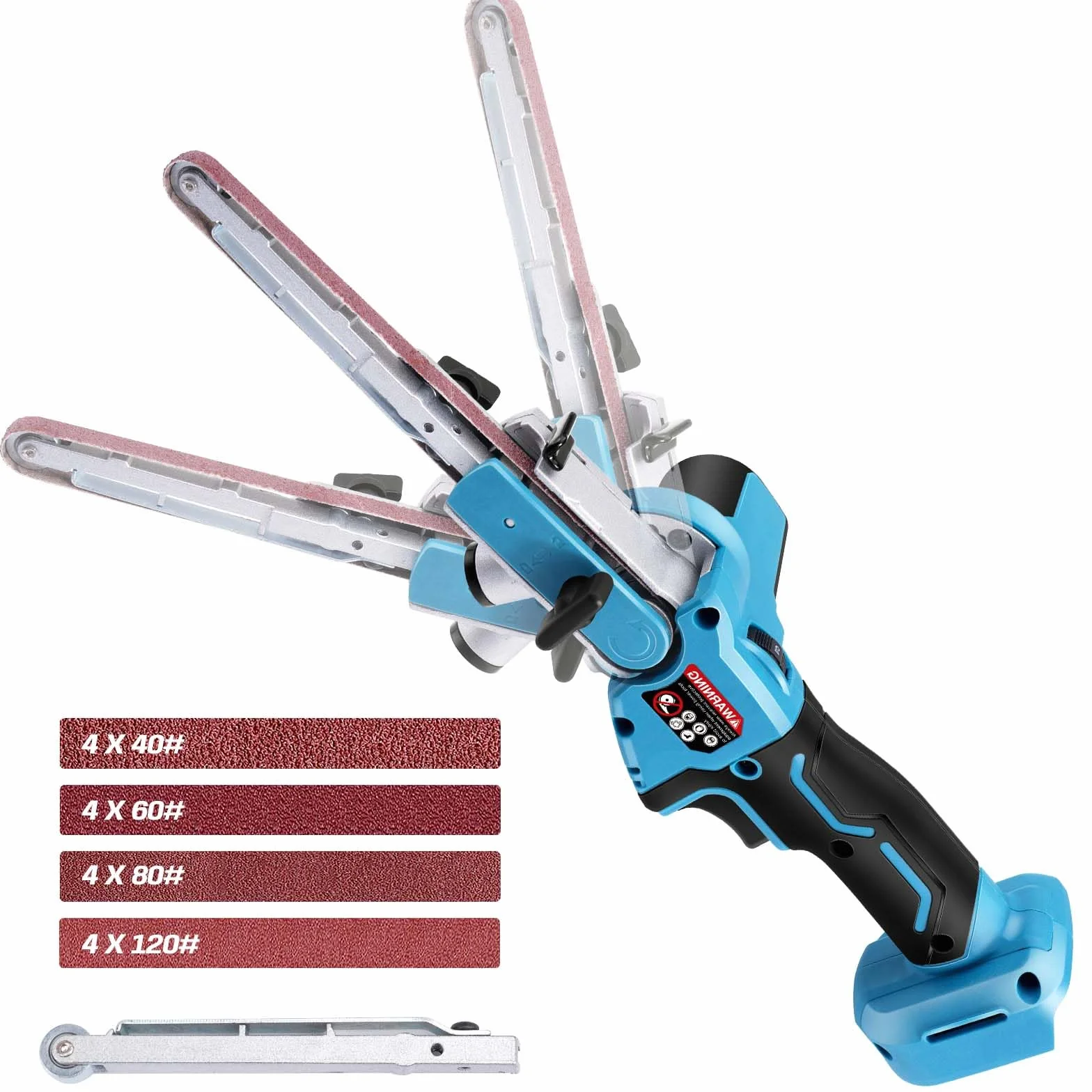 Levigatrice a nastro senza fili compatibile con batteria Makita 18V, levigatrice per dettagli senza spazzole con 6 velocità, bracci abrasivi da 3/8" e 1/2" e 16 nastri abrasivi (40/60/80/120#) per
