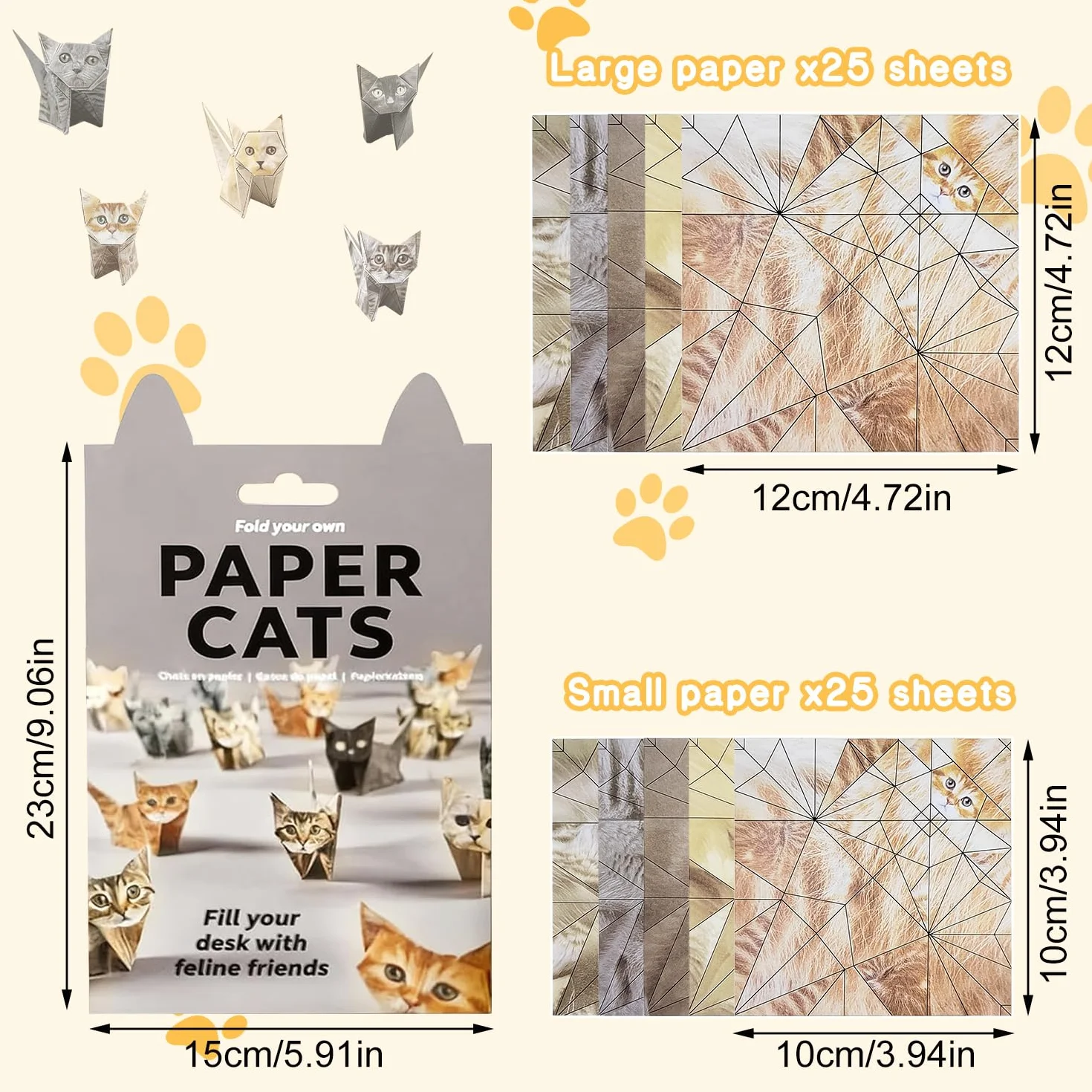 50 fogli di carta Cats origami, 12 x 12 cm, carta origami fai da te, linee di piegatura chiare, gatti di origami 3D, facili da piegare, ideali per appassionati di bricolage e artisti